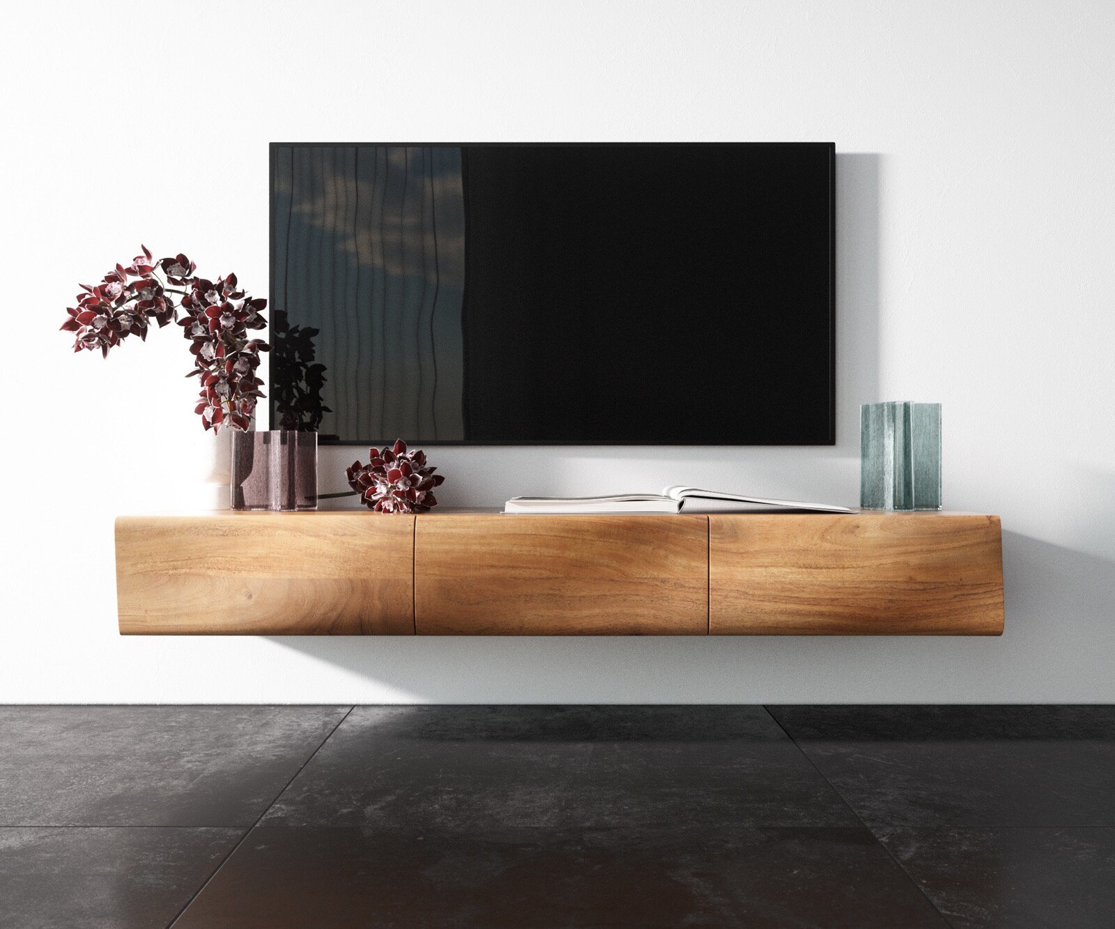 Стенен ТВ шкаф New Live-Edge 145 cm, Естествен ръб, Масив Акация, 3 Врати, Натурален   3