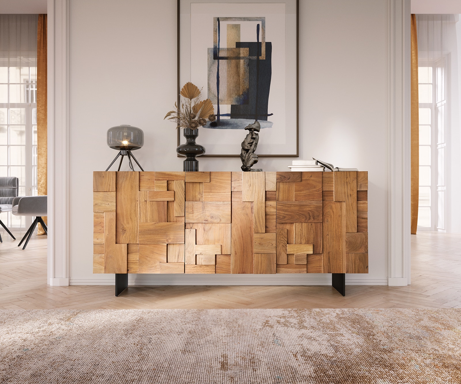 Бюфет 175 cm Акация Натурал 3 Врати Крак висящ Метал Черен Puzzle 1 Бюфет 175 cm Акация Натурал 3 Врати Крак висящ Метал Черен Puzzle 1