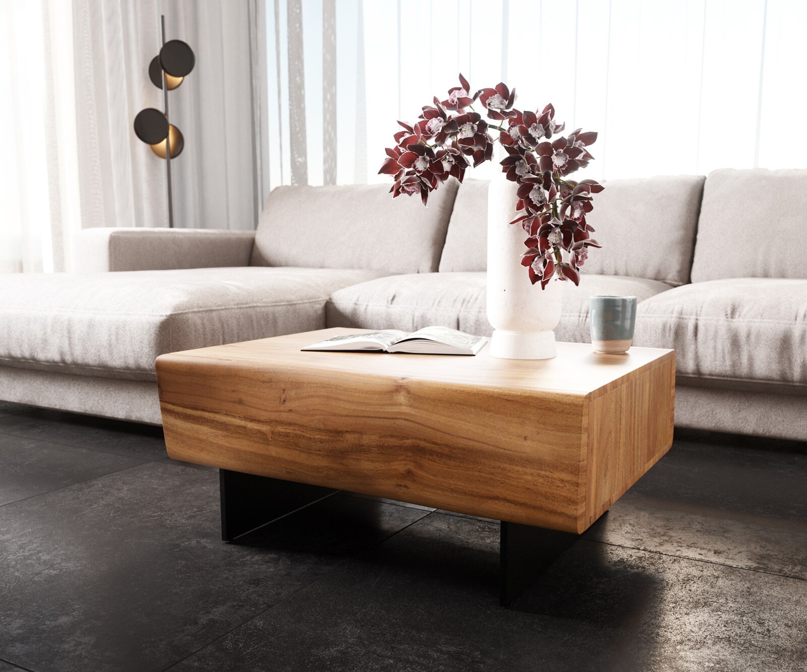 Масичка за кафе New Live-Edge 80x60 cm Acacia natural 2 чекмеджета Основа плаващ метал черен 3