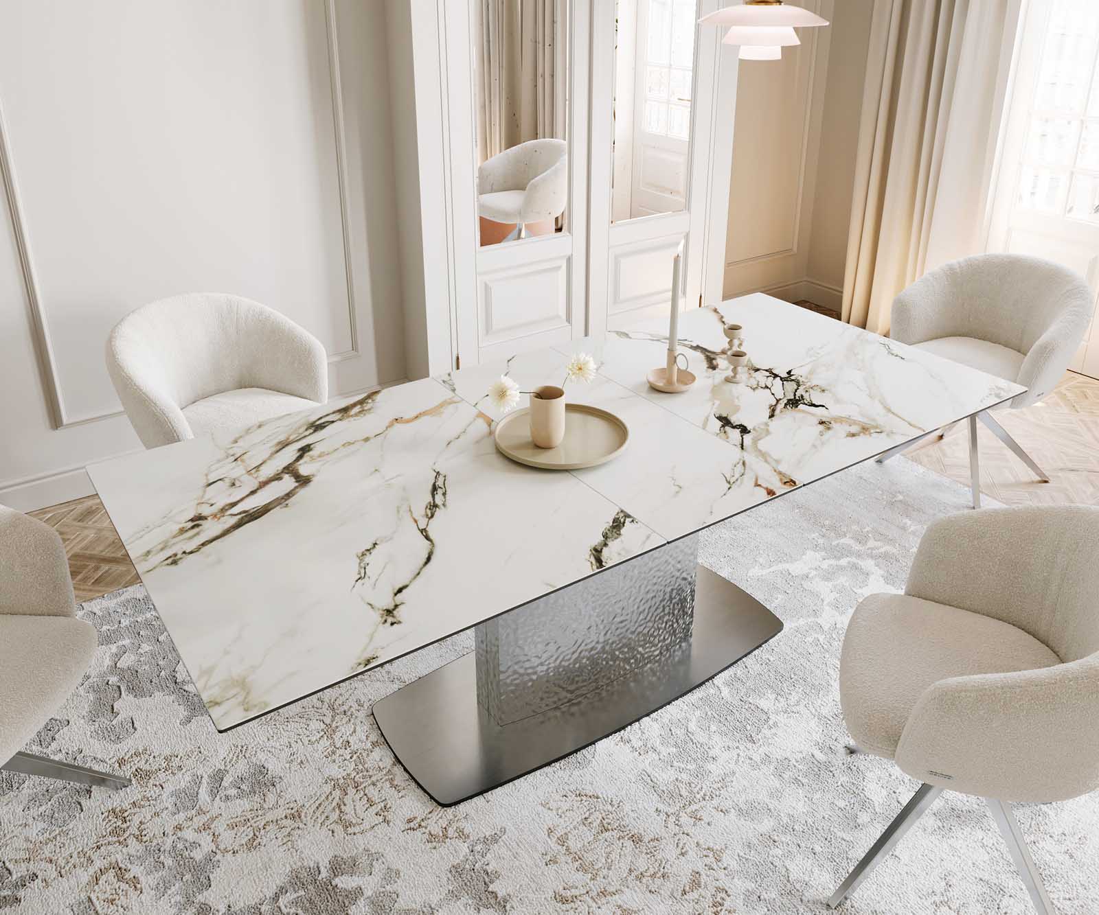 Разтегателна трапезна маса Edge 180-220х100 см Керамика Calacatta Luxe Бял-Злато-Сив Един крак основа Сребристосив 5