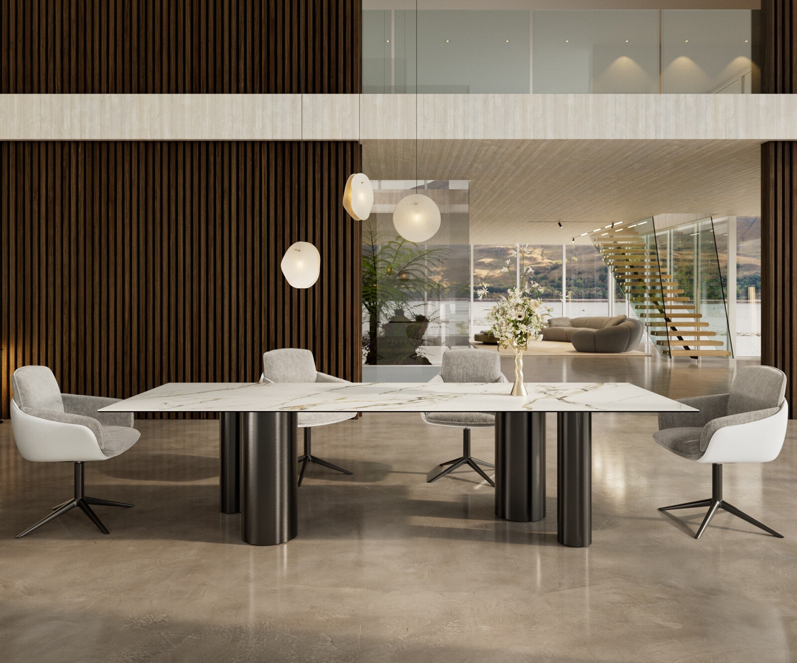 Трапезна маса Edge 300x100, керамика Calacatta Luxe (бяло-златно-сиво), Pilier от неръждаема стомана, графит