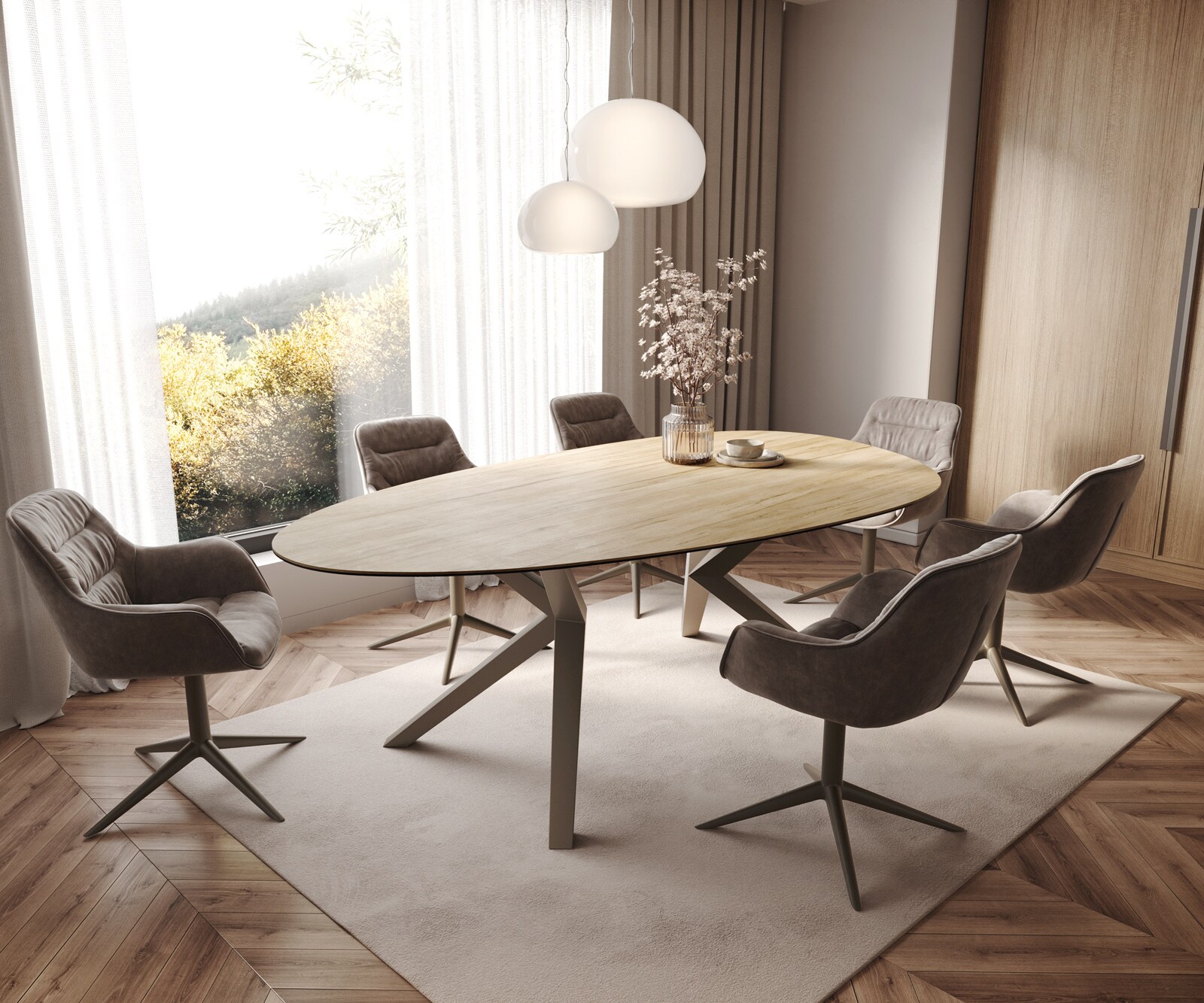 Трапезна маса Edge Oval 220x120, керамика Laminam „®“, цвят „Sabbia“ (дъбов), Zenthara, с ъгловати ръбове, метално покритие с ефект „Титан“ 7