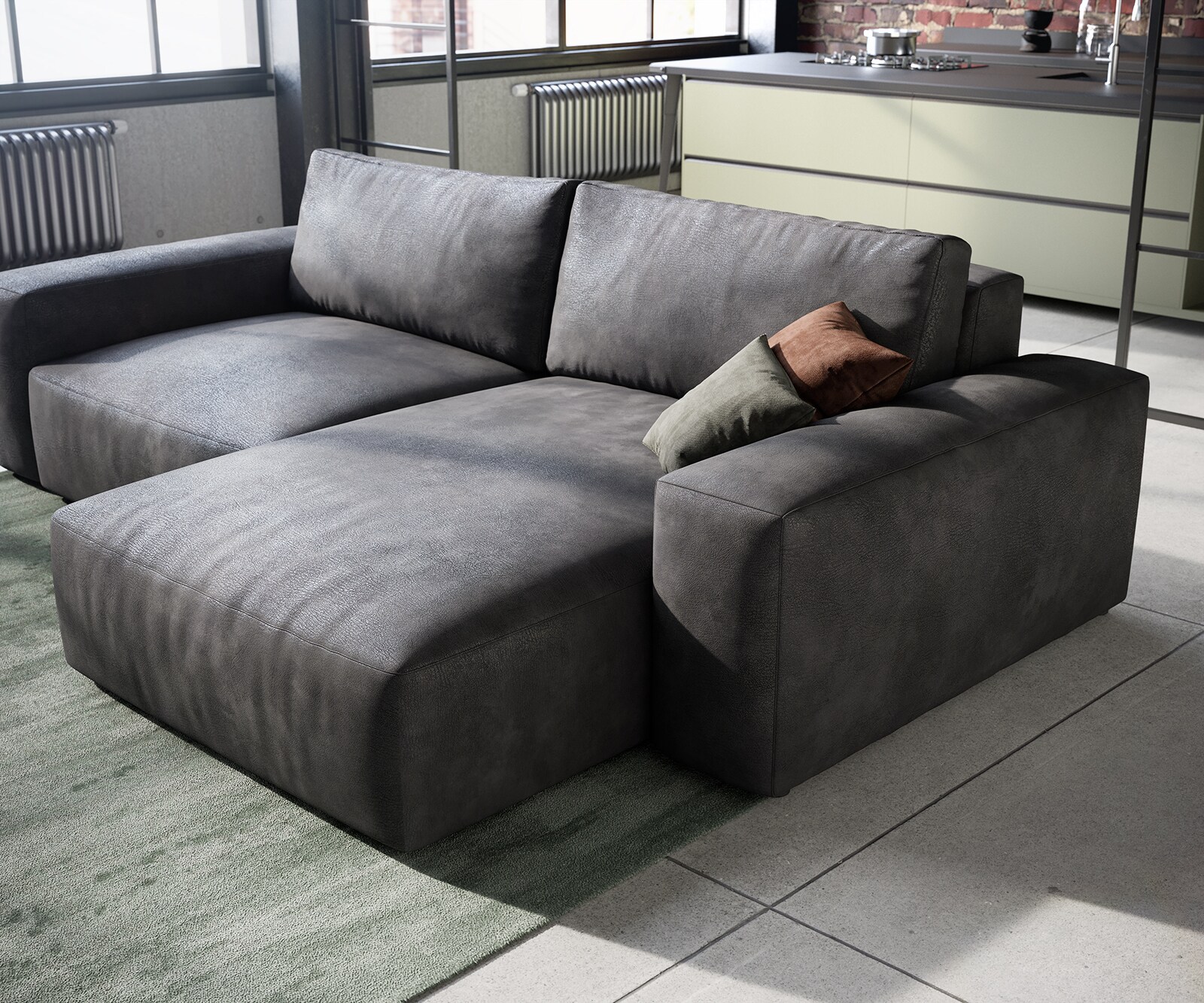 Ъглов диван Lanzo L 230x155 см Имитация на кожа, Винтидж Антрацит, Лява/Дясна Лежанка 4