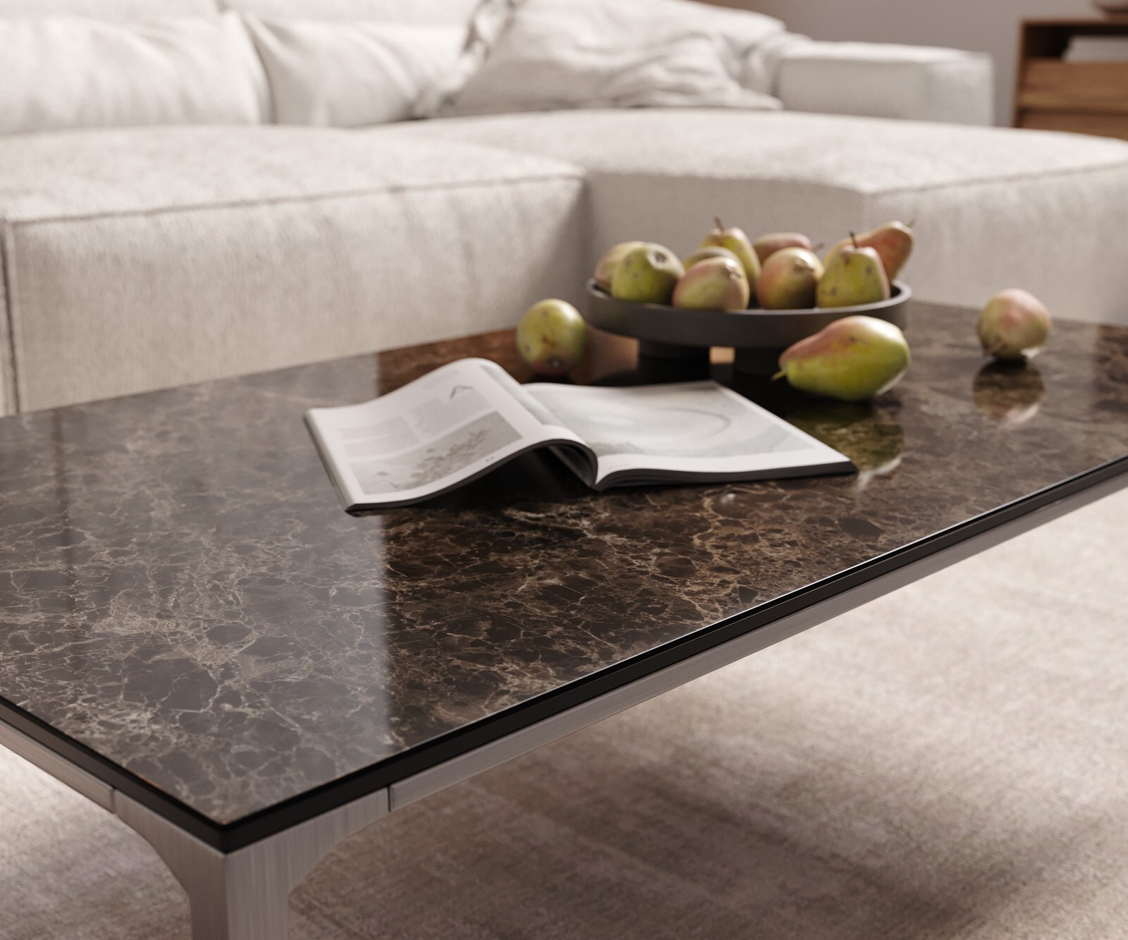 Масичка за кафе Levente 110x60 cm Керамичен ламинат®Emperador Extra Lucidato Тъмно кафяво Рамка от неръждаема стомана сребро 4
