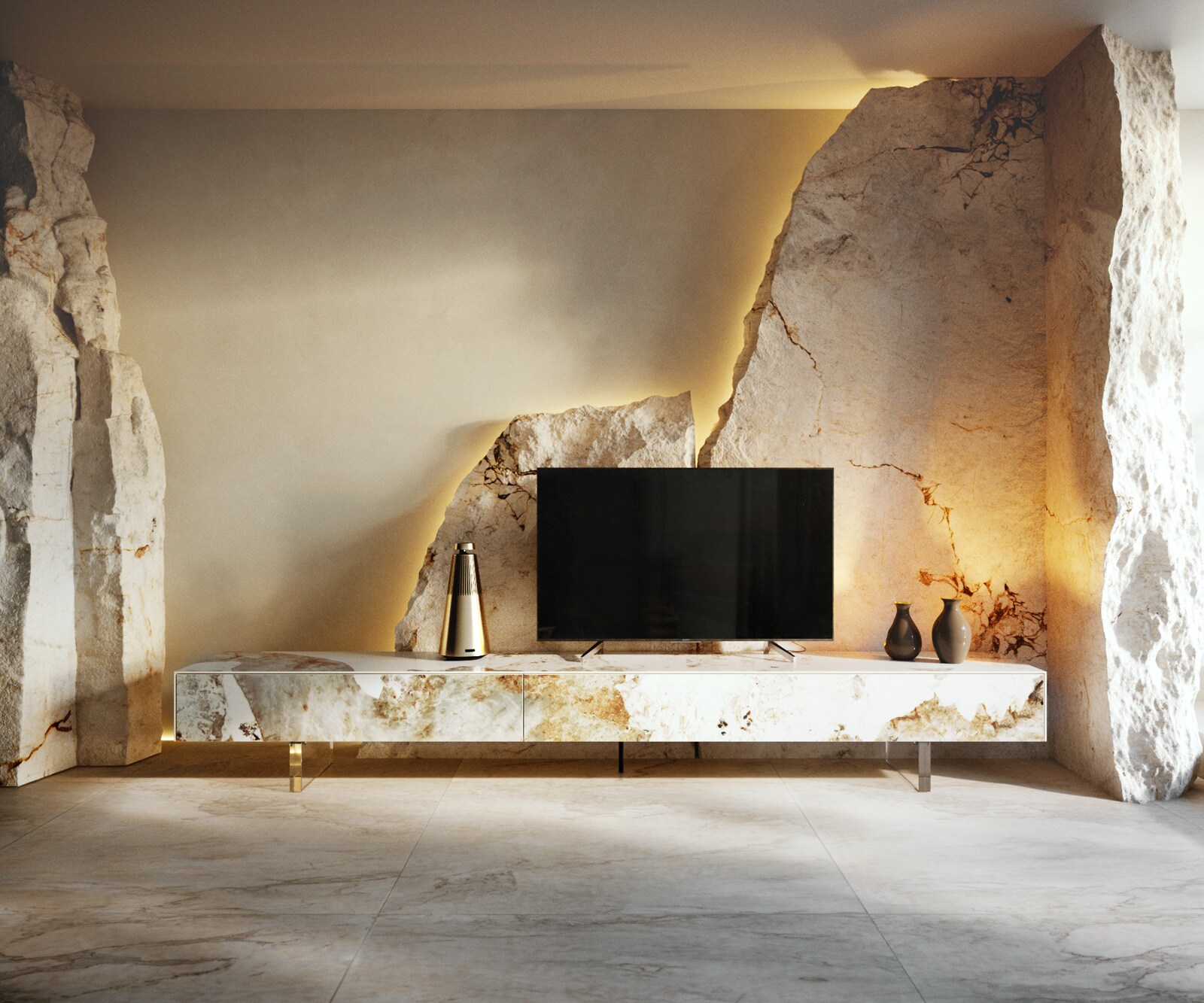 Нисък плот Cuor 250 cm Керамика Minas Melange Бяло-бежово 1 клапа 1 чекмедже Основа Плаващ вид акрилно стъкло