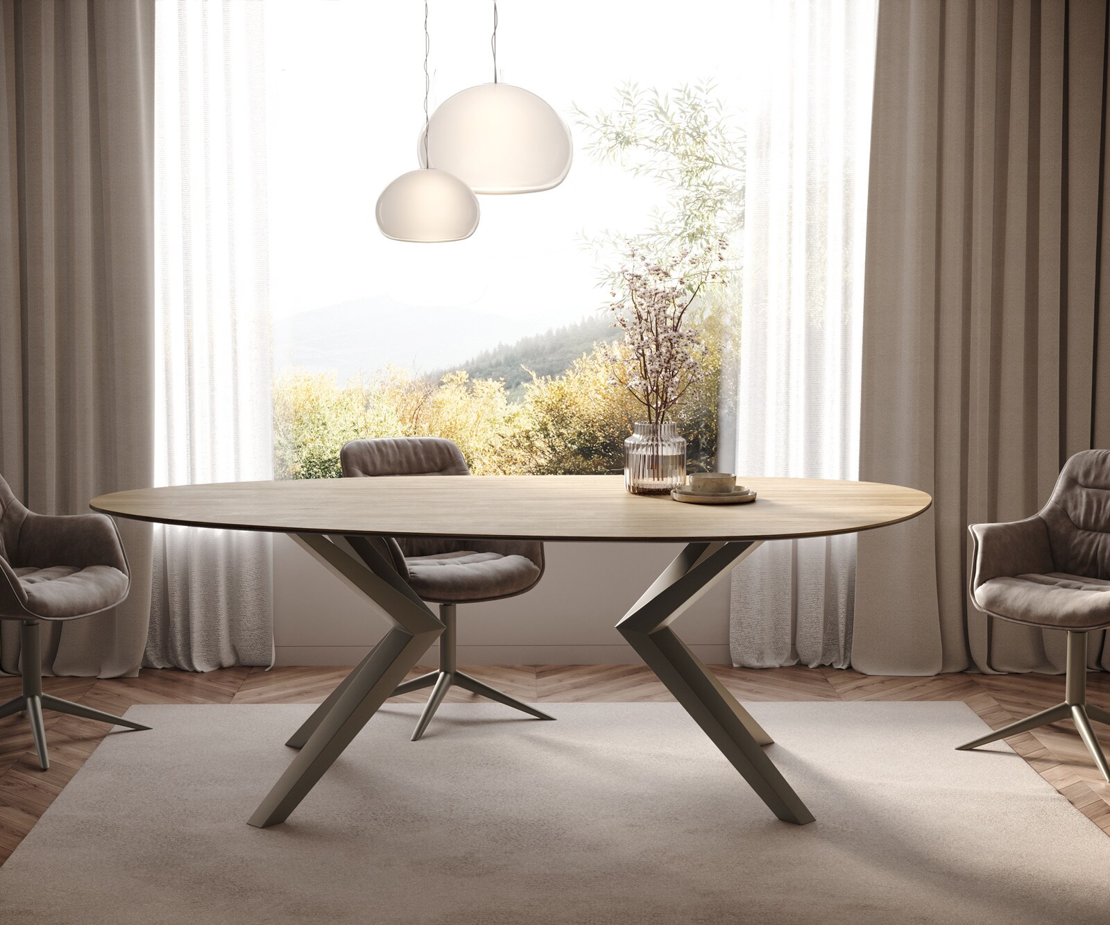 Трапезна маса Edge Oval 220x120, керамика Laminam „®“, цвят „Sabbia“ (дъбов), Zenthara, с ъгловати ръбове, метално покритие с ефект „Титан“ 2