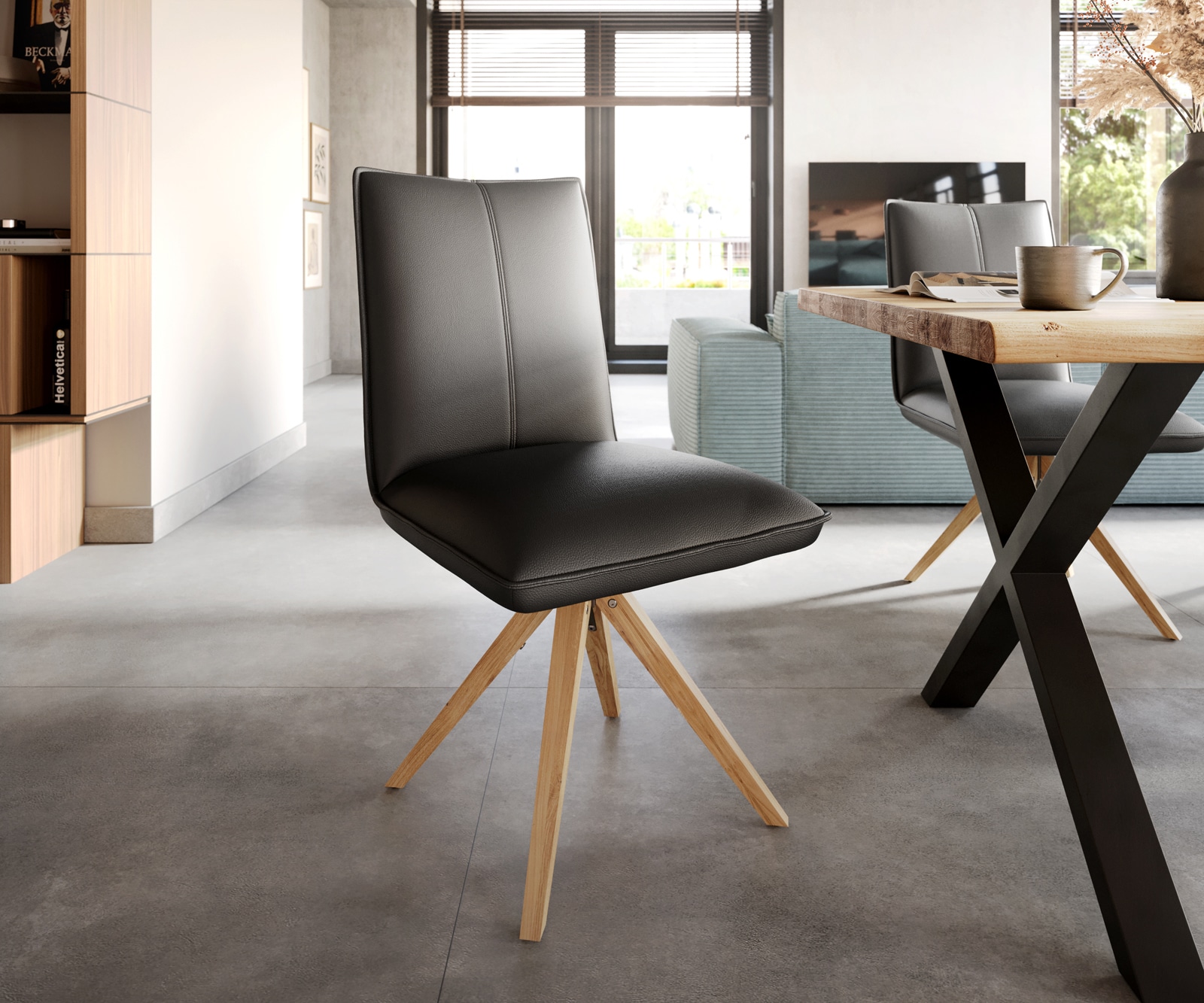 Врътящ се стол Естествена кожа Черен Дървена рамка  180° въртящ се Покет пружина Lelio-Flex Врътящ се стол Естествена кожа Черен Дървена рамка  180° въртящ се Покет пружина Lelio-Flex