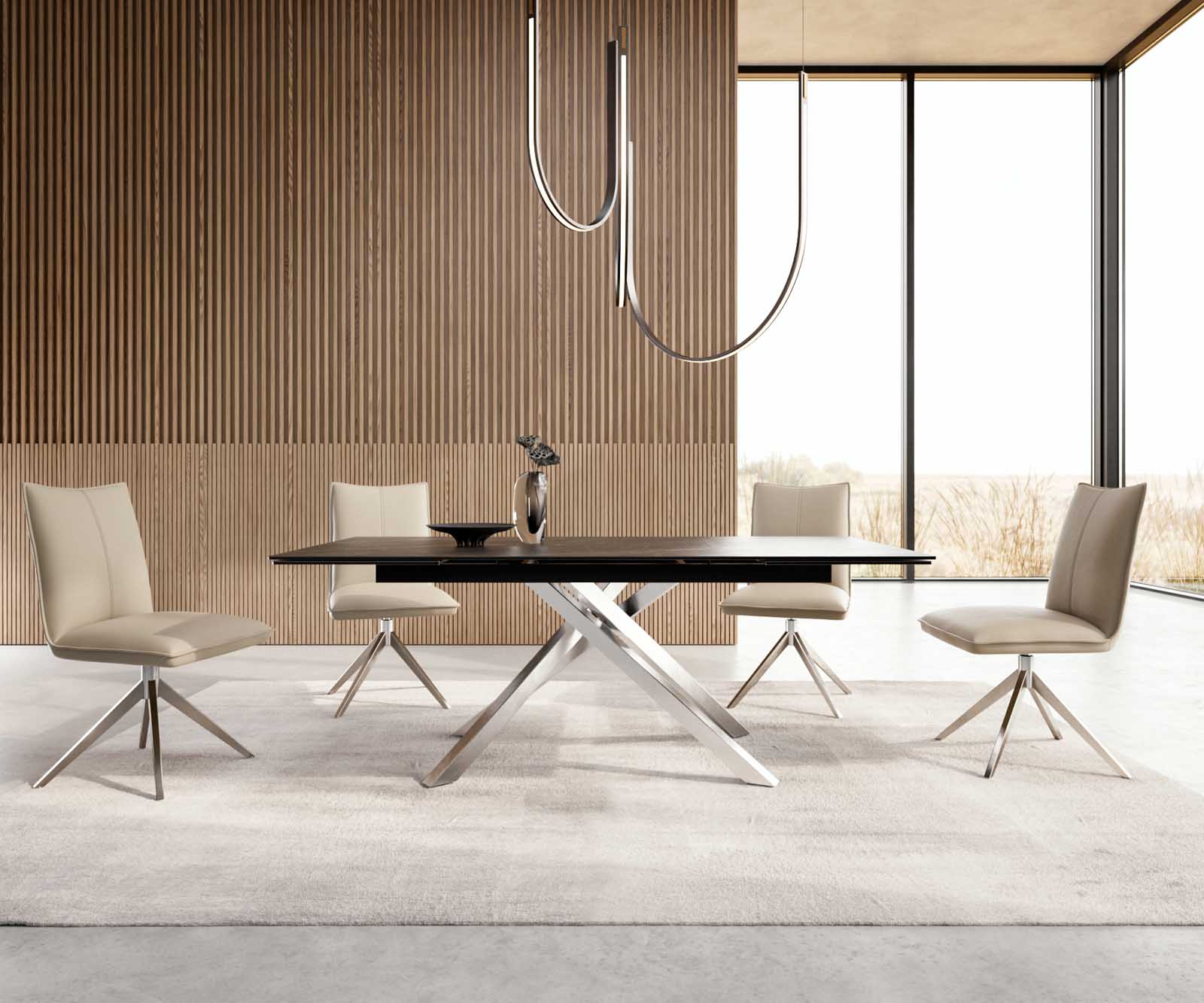 Разтегателна трапезна маса Edge 200-300х100 см Керамика Laminam®Noir Desir Тъмнокафяв Кръсртовидна основа Сребристосив 4
