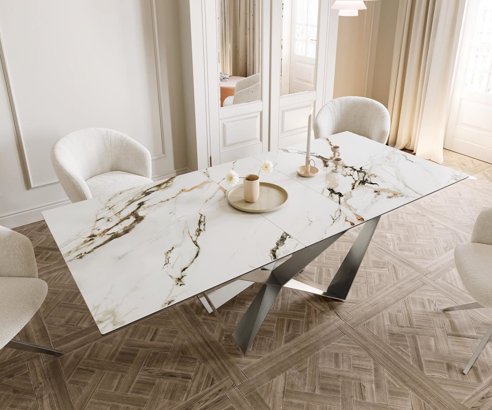Разтегателна трапезна маса Edge 180-220x100 см Керамика Calacatta Luxe бяло-златисто-сиво Spider основа сребриста 4