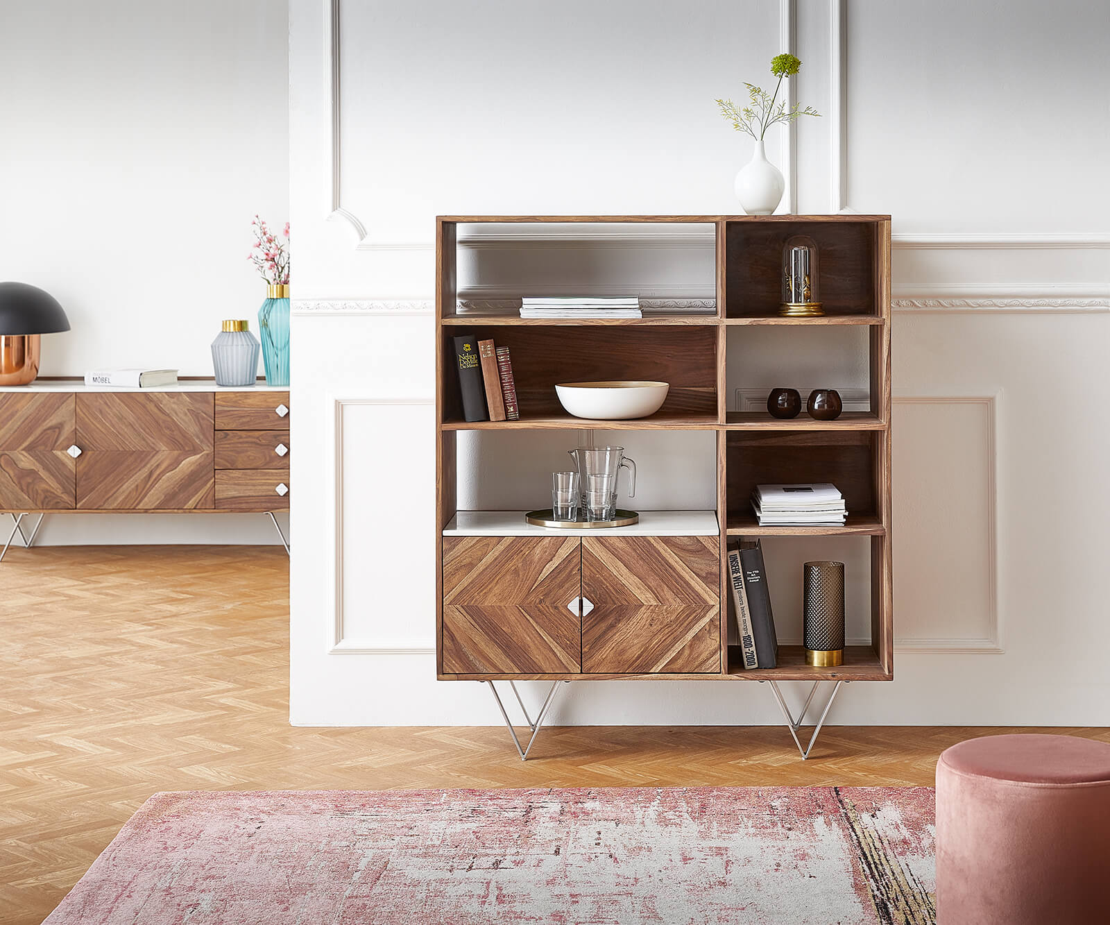 Висока дъска Pacino 115 cm Sheesham естествен камък топ бял мрамор 1