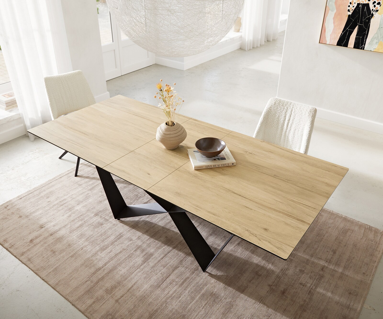 Маса 180-220x100 Keramik Laminam® Sabbia Дъбцвят Spider плоска стомана Черен разтегателна Edge 3