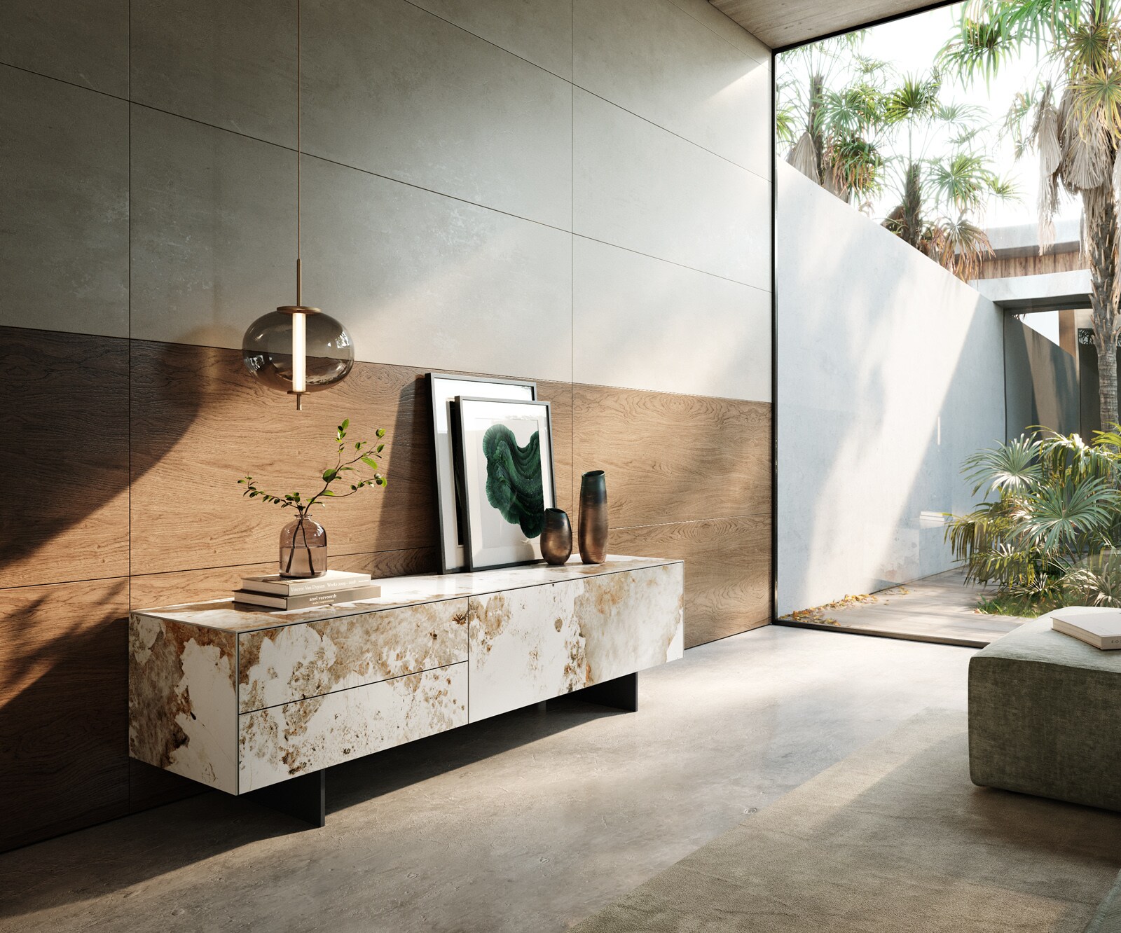 Ниска дъска Cuor 180 см Керамика Minas Melange Бяло-бежово 1 клапа 2 чекмеджета Основа Плаващ вид Метал Черно 1