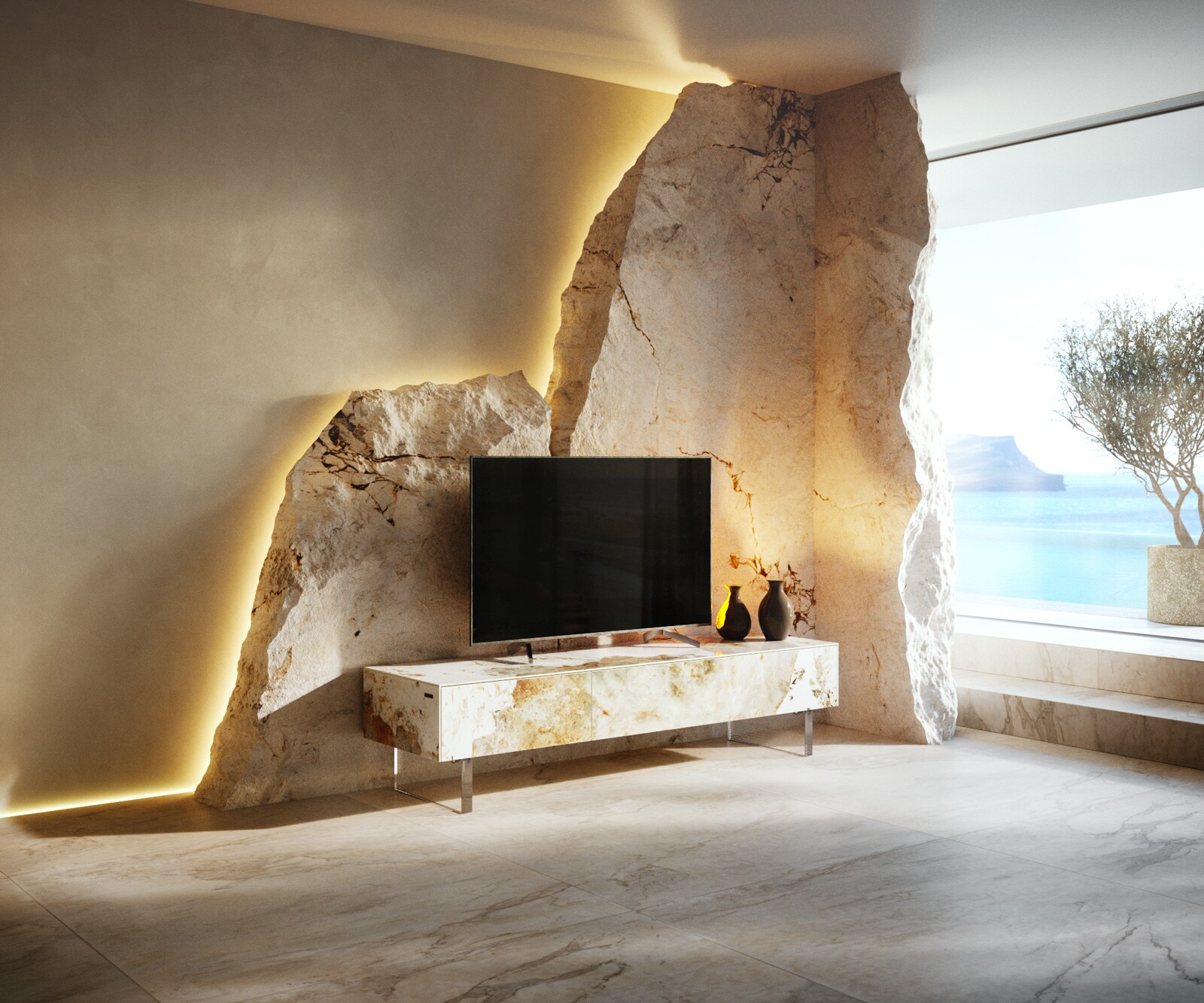 Ниска дъска Cuor 150 см Керамика Minas Melange Бяло-бежово 1 клапа 1 чекмедже Основа Плаващ вид акрилно стъкло 1