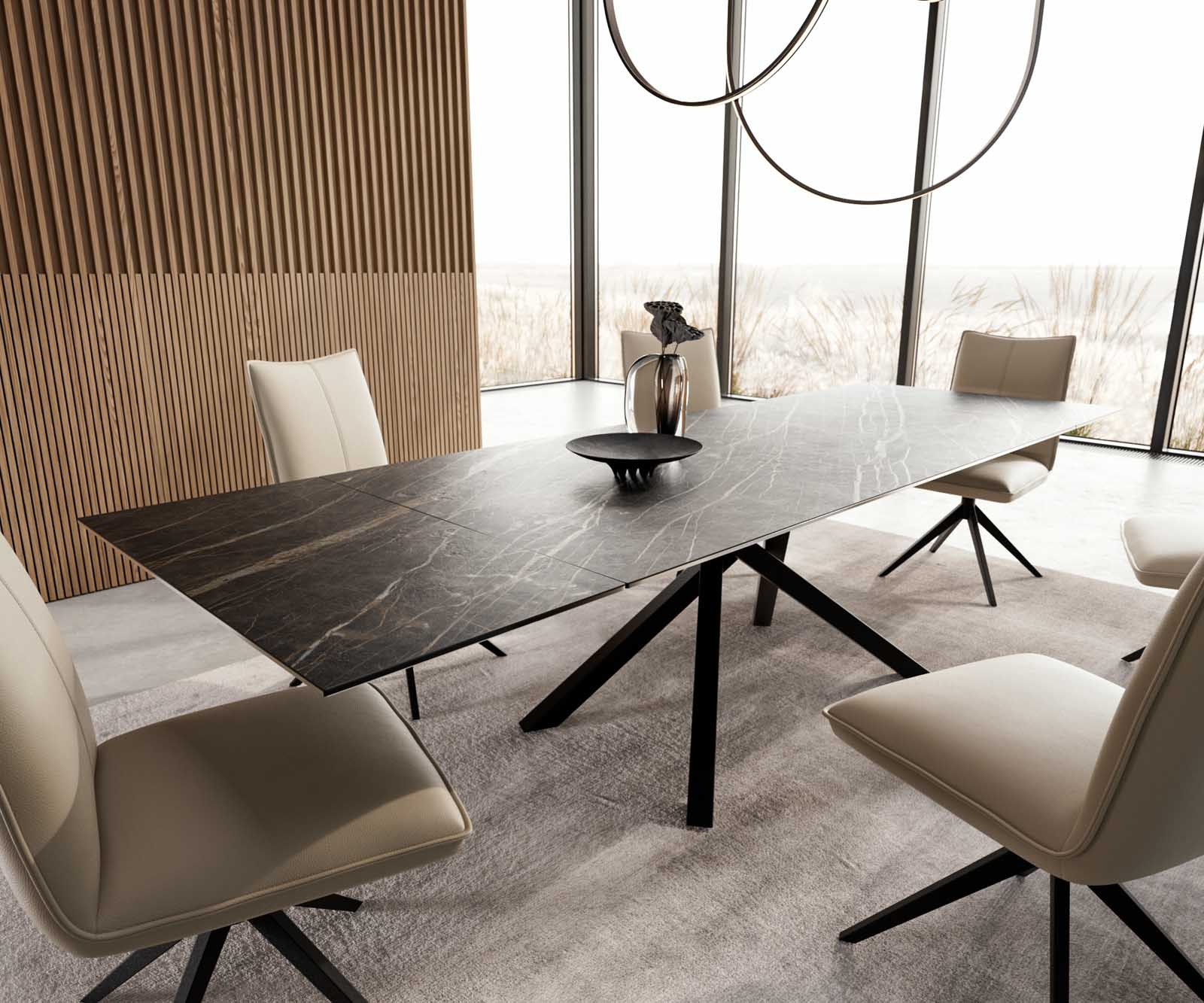 Разтегателна трапезна маса Edge 200-300х100 см Керамика Laminam®Noir Desir Тъмнокафяв Кръсртовидна основа Черен