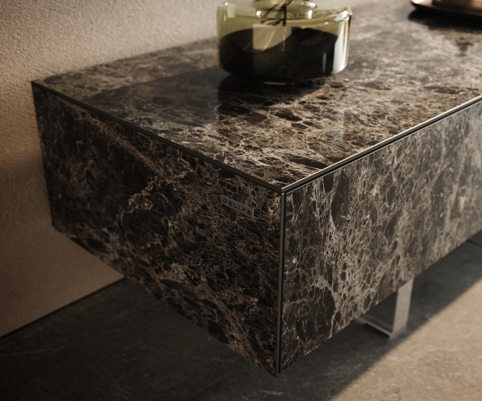 Ниска дъска Cuor 200 cm Керамичен ламинат® Emperador Extra Lucidato Тъмно кафяво 1 капак 1 чекмедже Основа Плаващо акрилно стъкло 5