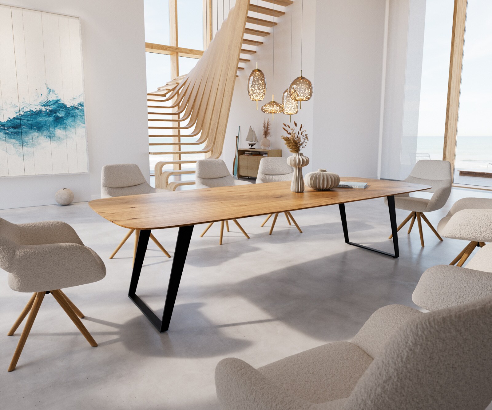 Маса Boot 300x100 Дъб Натурал Метал под ъгъл Черен Швейцарски ръб Edge 1