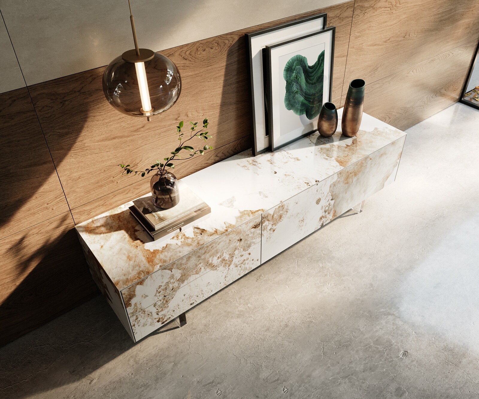 Ниска дъска Cuor 180 cm Керамика Minas Melange Бяло-бежово 1 клапа 2 чекмеджета Основа Плаващ вид акрилно стъкло 4