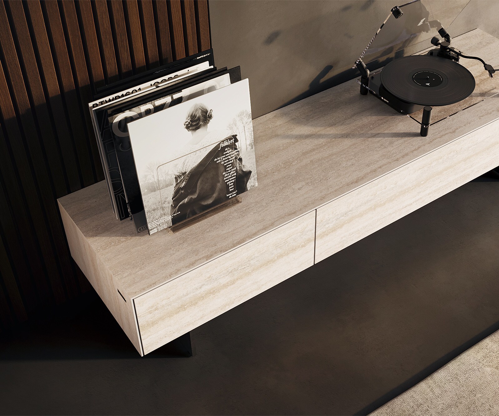 Ниска дъска Cuor 150 см Керамичен ламинат® Travertino Bianco Крем-бяло 1 клапа 1 чекмедже Основа Окачен поглед Метал черен 4