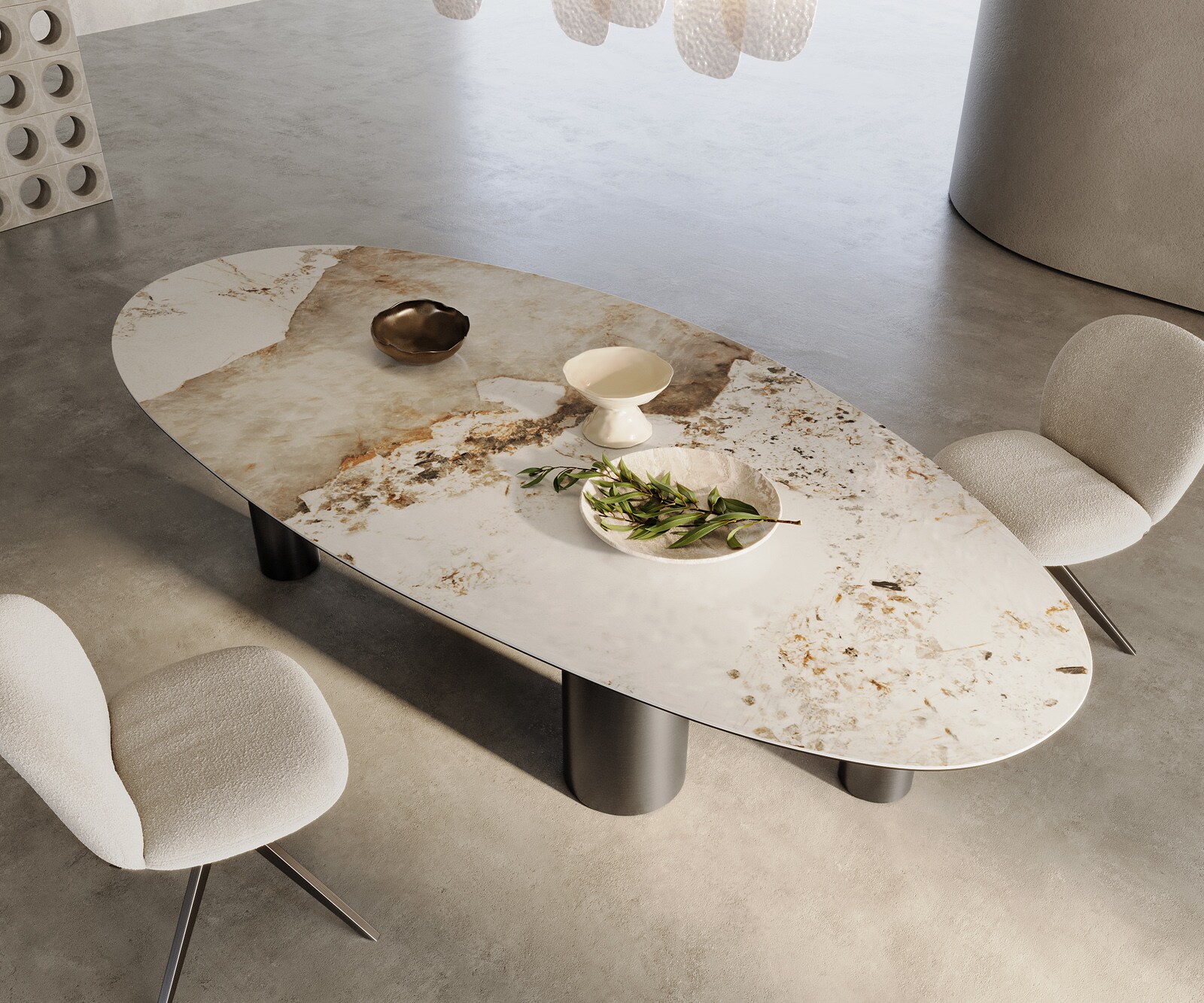 Трапезна маса Edge Oval 280x130, керамика Minas Melange в бяло-бежово, Pilier от неръждаема стомана в графитен цвят 1