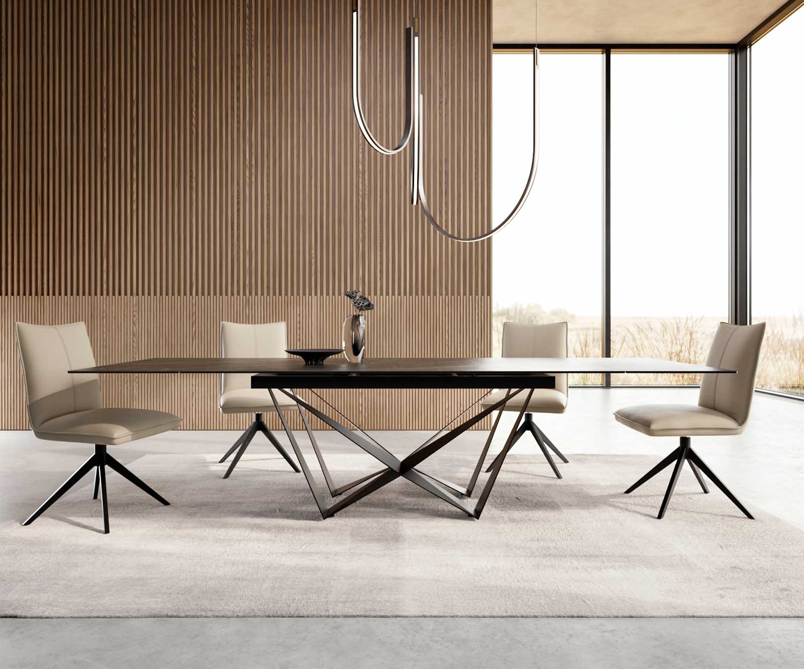 Разтегателна трапезна маса Edge 200-300х100 см Керамика Laminam®Noir Desir Кафяв Основа стомана тип Spider Черен цвят 2