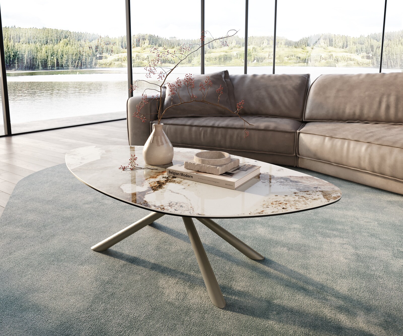 Масичка за кафе Edge Organic 140x76 cm керамика Minas Melange Sarity метален ефект покритие титан 2