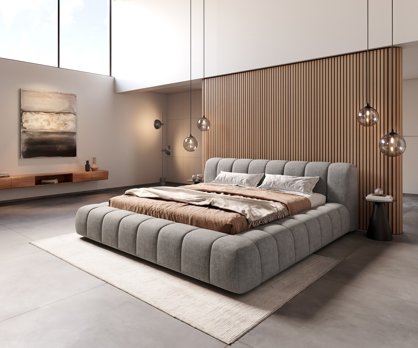 Тапицирана рамка за легло Cutio 180x200 cm текстуриран плат меко сиво