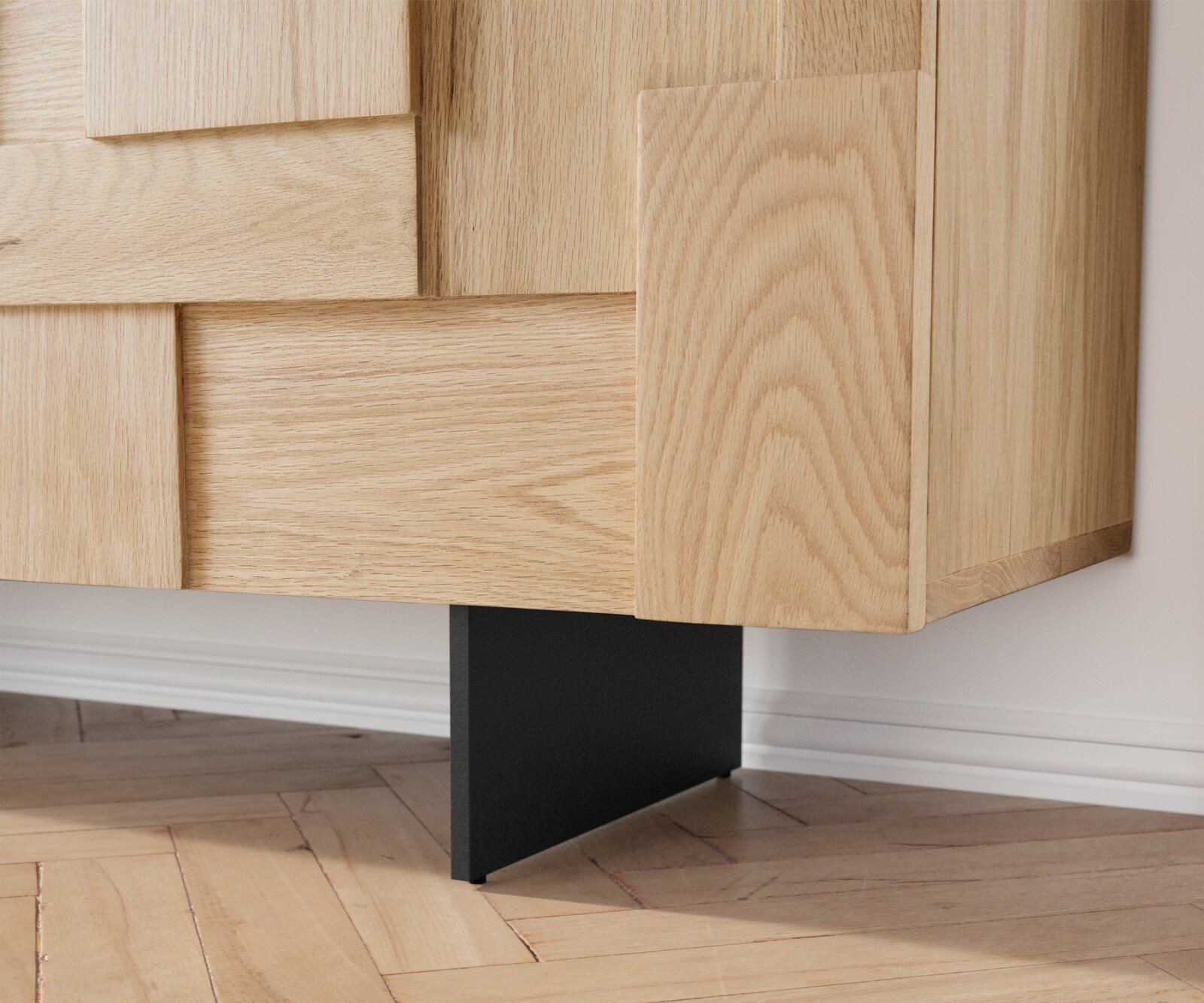 Бюфет Пъзел 175 см естествен дъб 3 врати основа плаващ метал черен 5