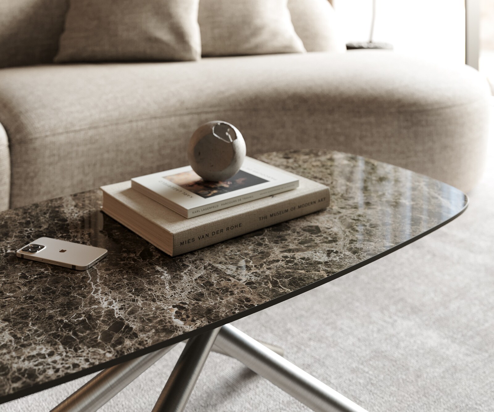 Масичка за кафе Edge Boot 100x50 cm Керамичен ламинат® Emperador Extra Lucidato Тъмно кафяво Sarity Матирана неръждаема стомана 6