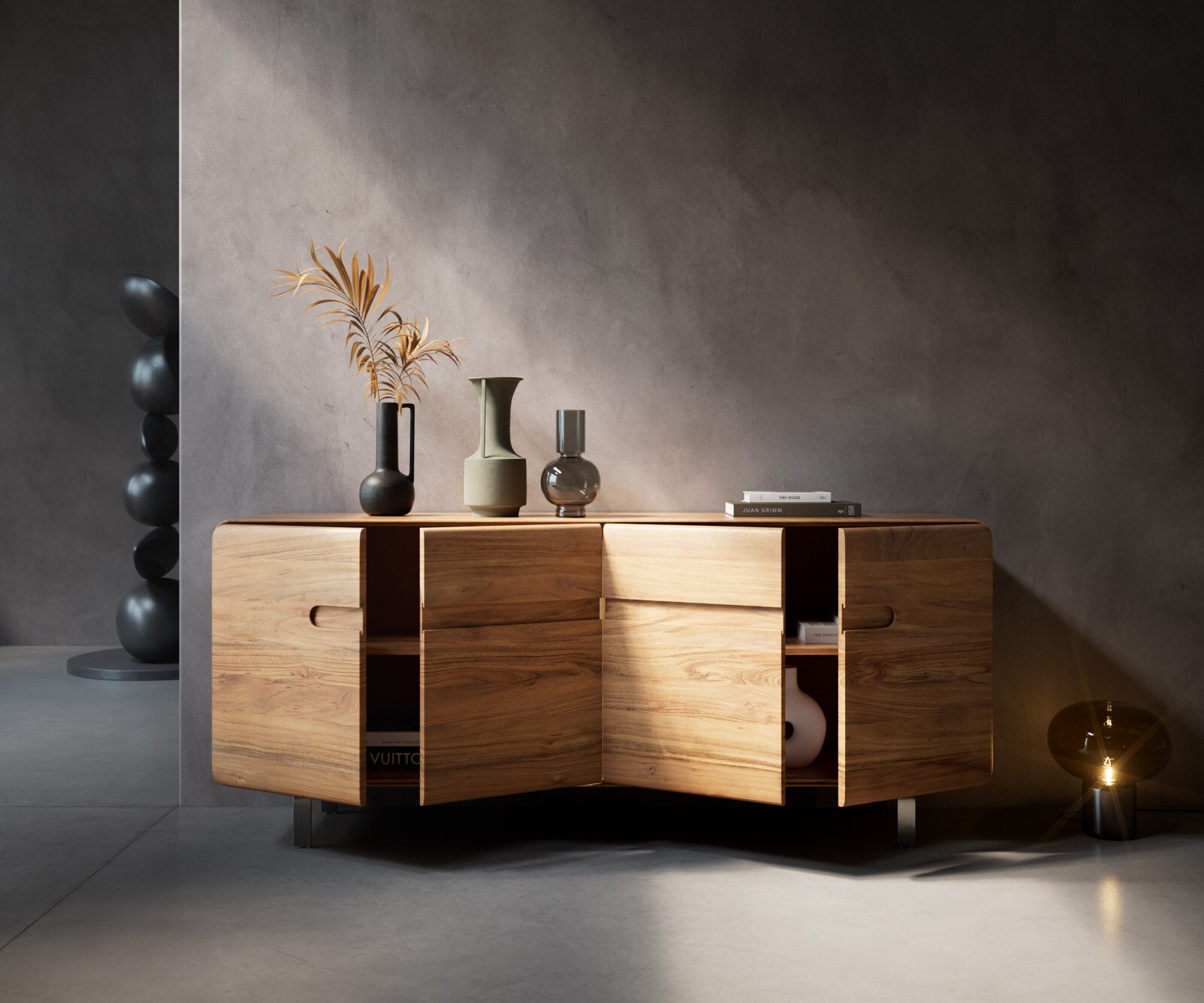 Бюфет Anaya 175 cm естествена акация 4 врати Г-крак неръждаема стомана 5