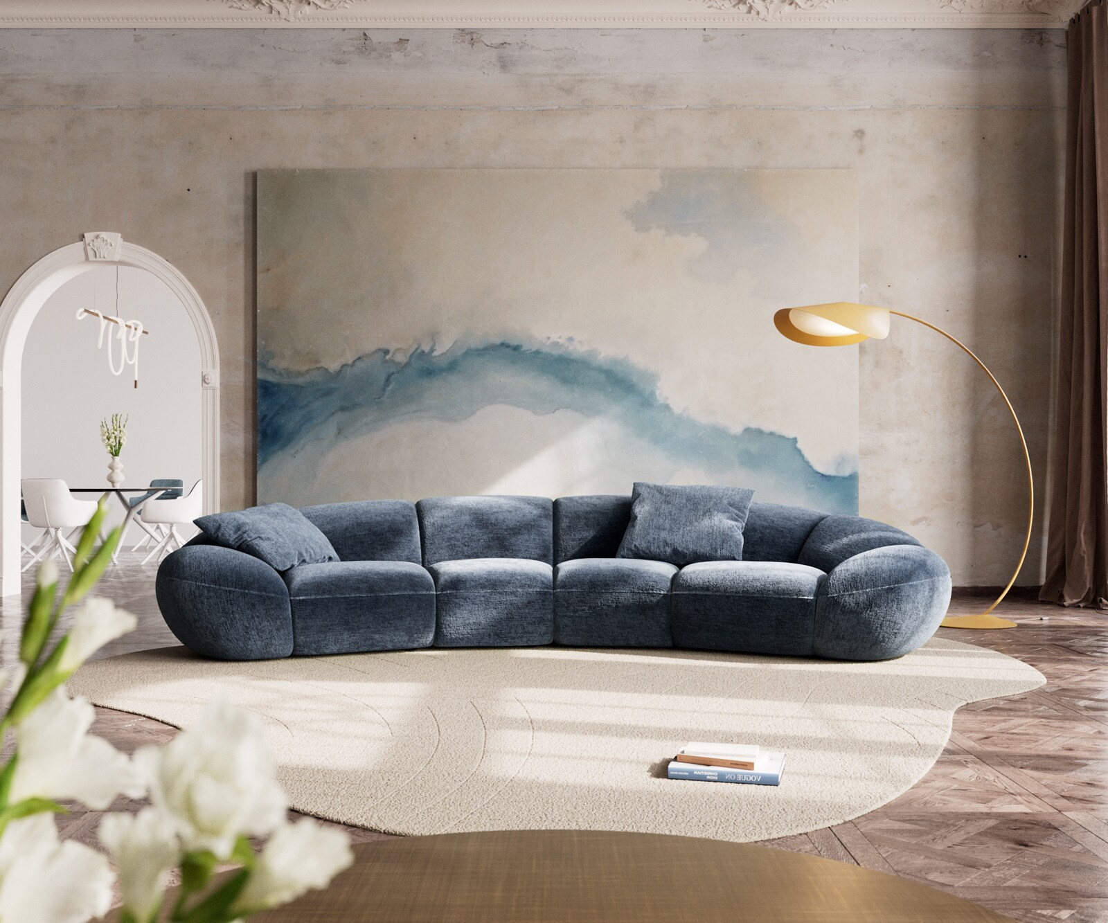 Голям диван Lunna 360x175 cm синя шенилия 2 възглавници 1