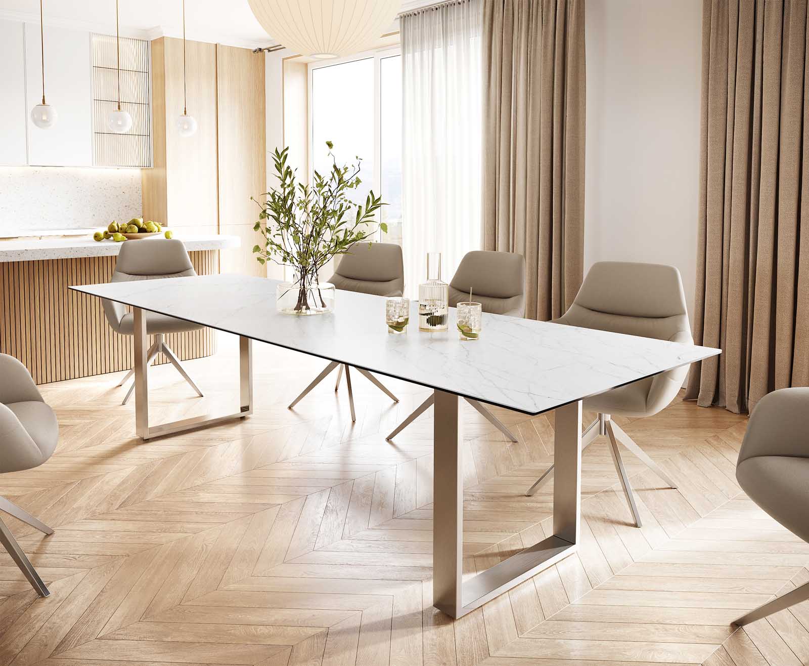 Маса 300x100 Keramik Laminam® Statuarietto Бял Неръждаема стомана Тесен профил Edge
