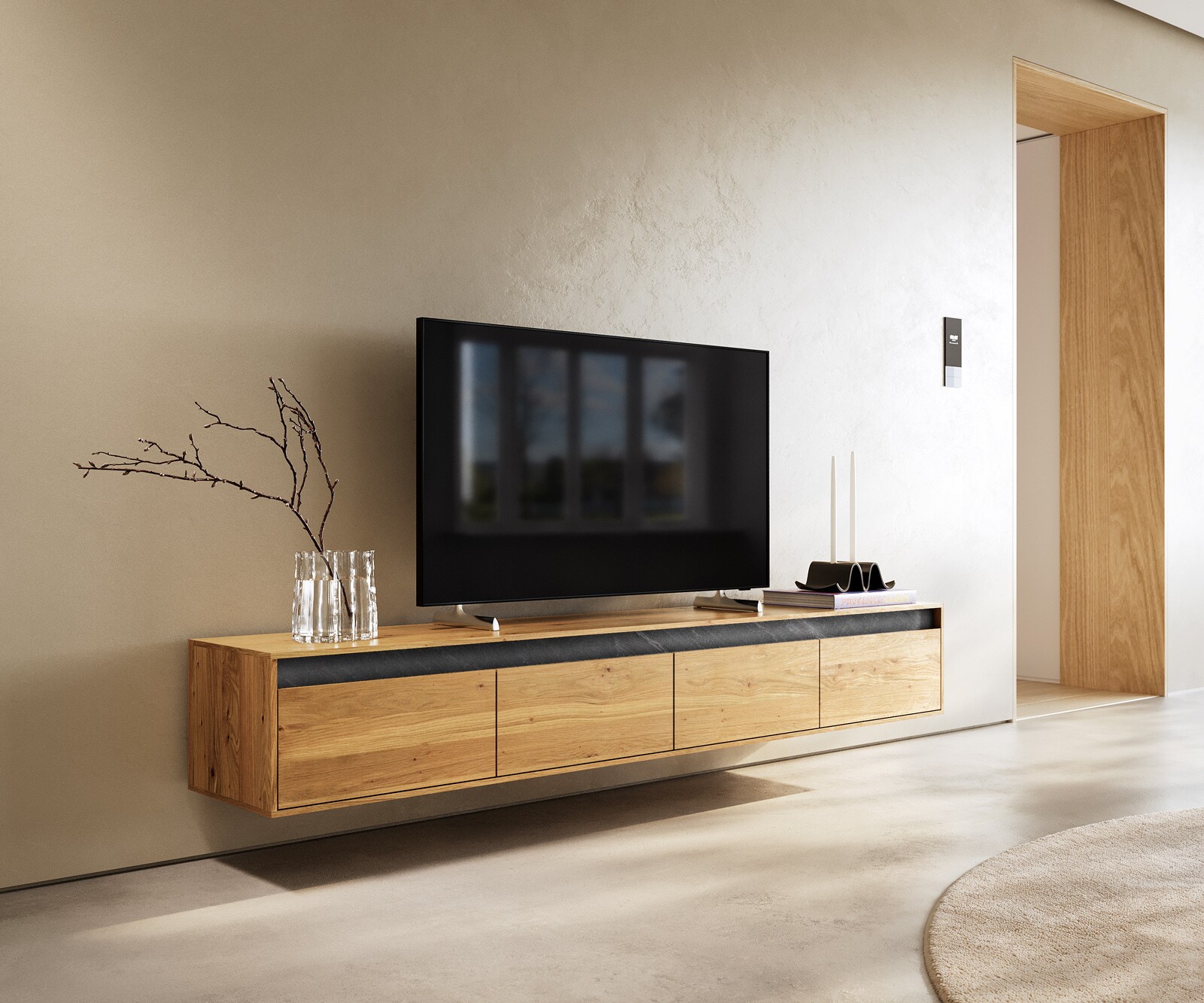 ТВ шкаф Stonegrace 200 cm естествен дъб шисти 4 чекмеджета плаващи