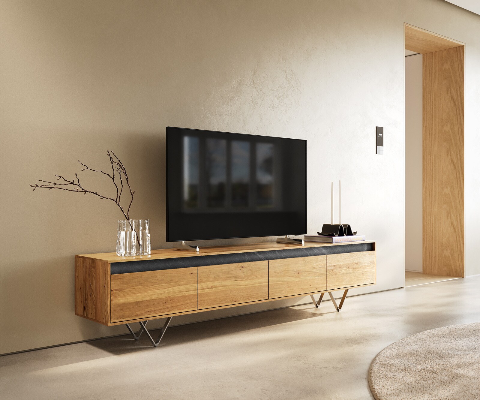 ТВ шкаф Stonegrace 200 cm естествен дъб шисти 4 чекмеджета V-образен крак от неръждаема стомана