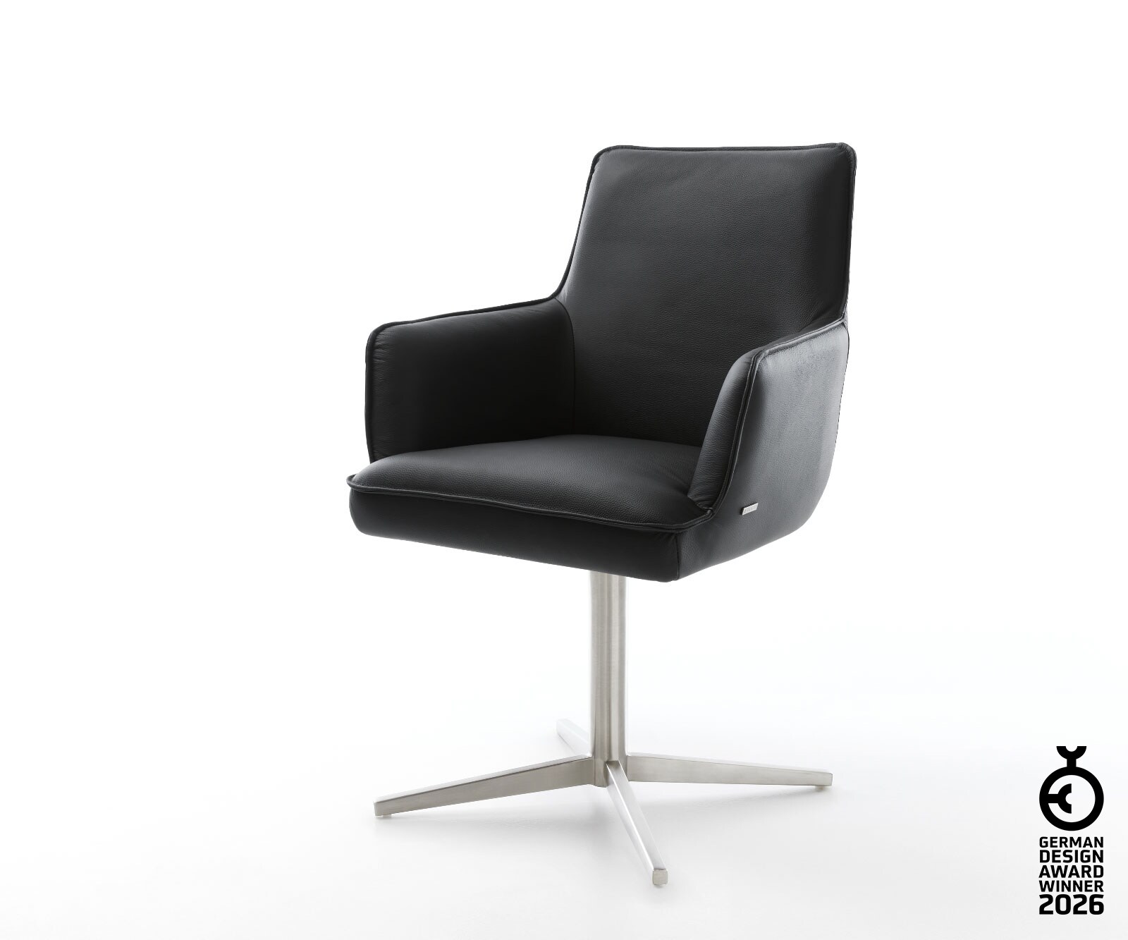 Врътящ се стол с подлакътници Естествена кожа Черен Офис основа Неръждаема стомана 360° въртящ се Покет пружина Heira-Flex