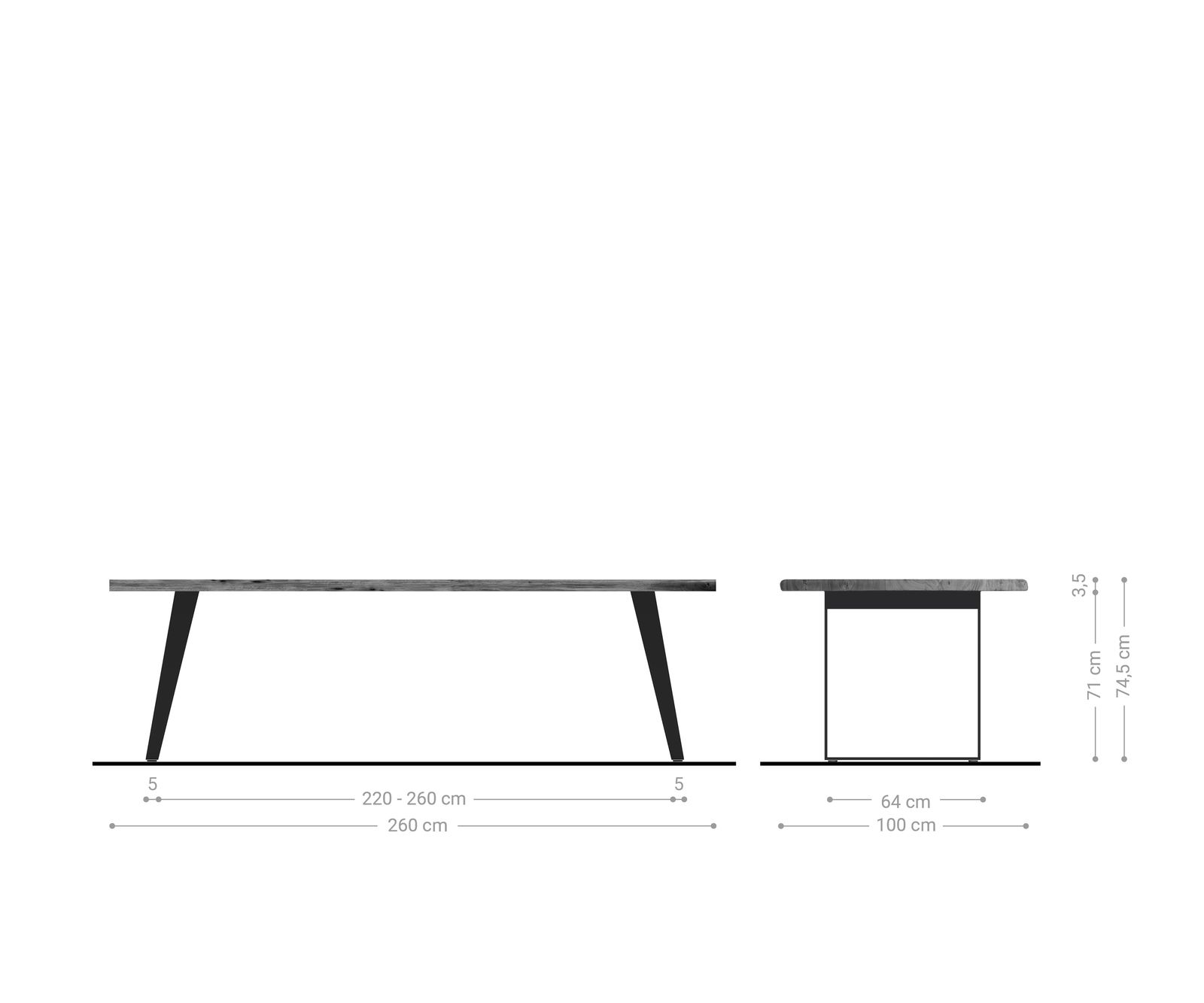 Маса 260x100cm Акация Натурал Неръждаема стомана Сребрист под ъгъл Edge 4