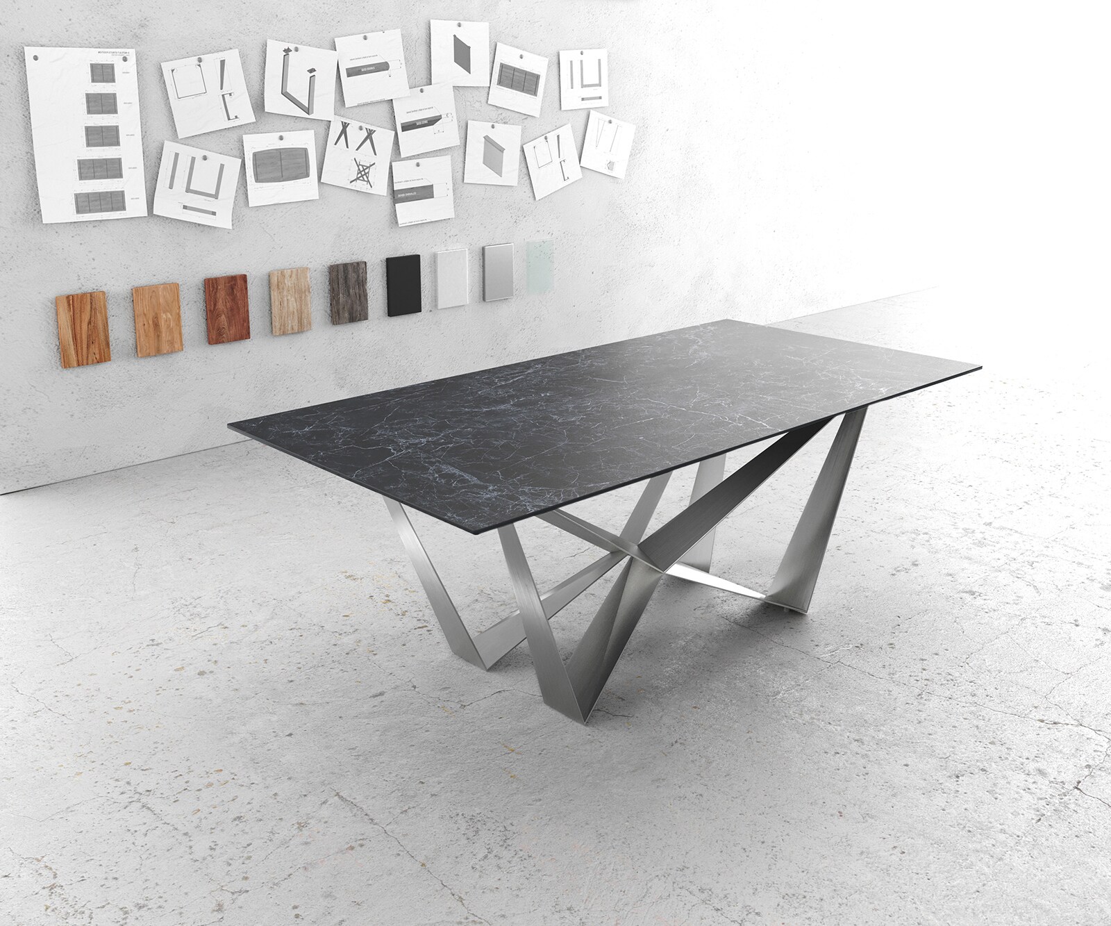 Маса 200x100cm Keramik Laminam®Nero Greco Антрацит Spider плоска стомана Неръждаема стомана Edge