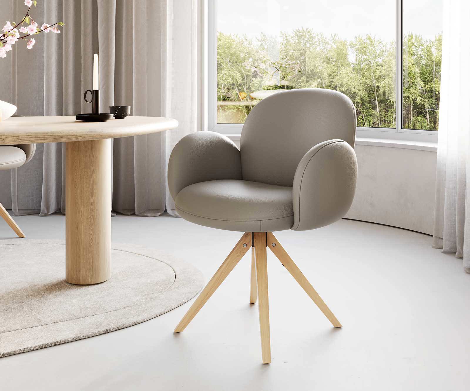 Врътящ се стол с подлакътници Естествена кожа Сиво-Кафяв Дървена рамка  Натурал 180° въртящ се Покет пружина Nube-Flex 1