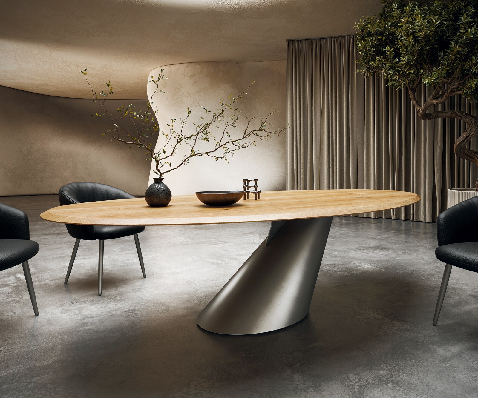Трапезна маса Edge Oval 280x130x2,5, естествен дъб, Cono Metallic Silver, Flow-Edge