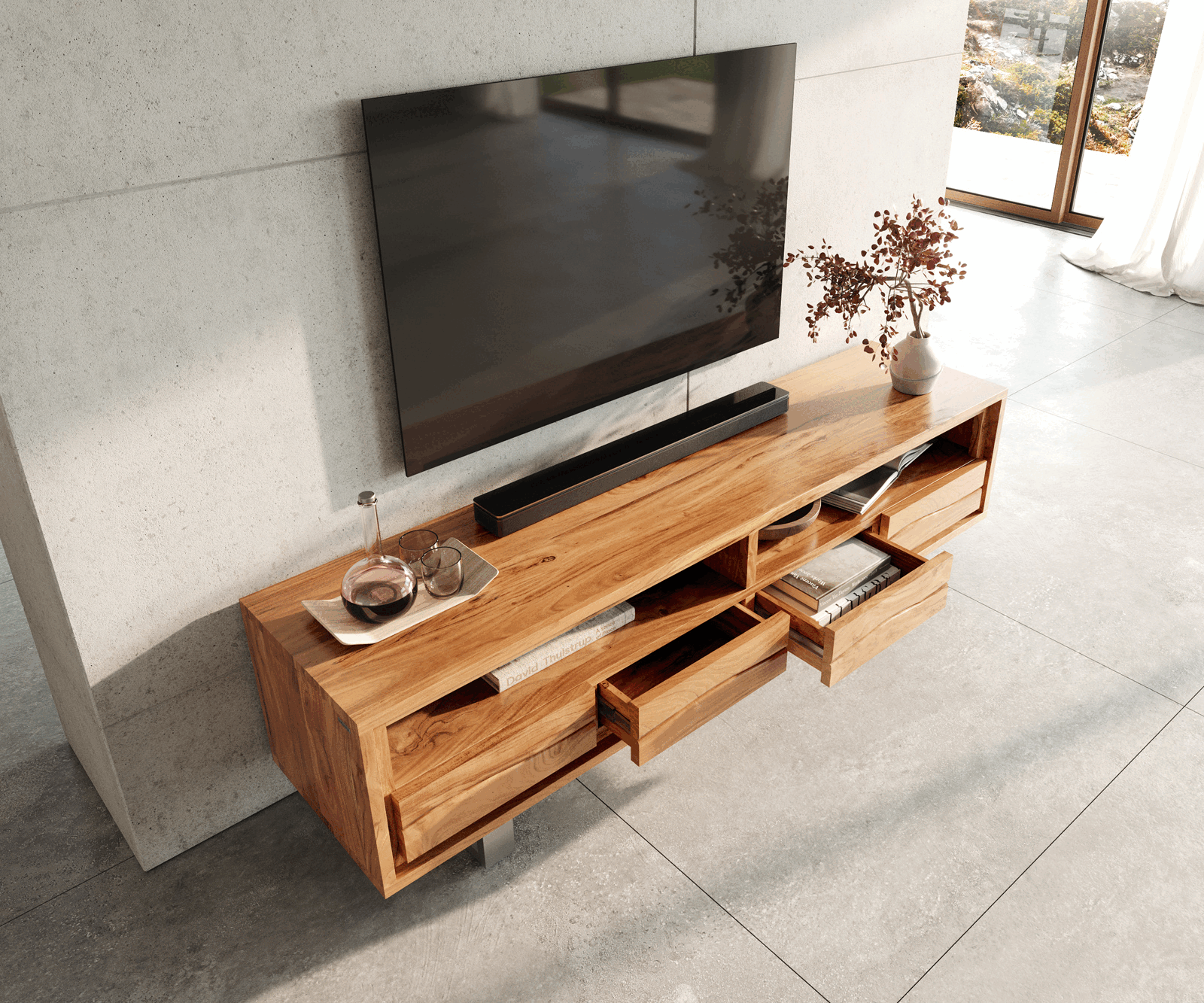 Нисък шкаф 190 cm Акация Натурал 4 Чекмеджета Live-Edge 3