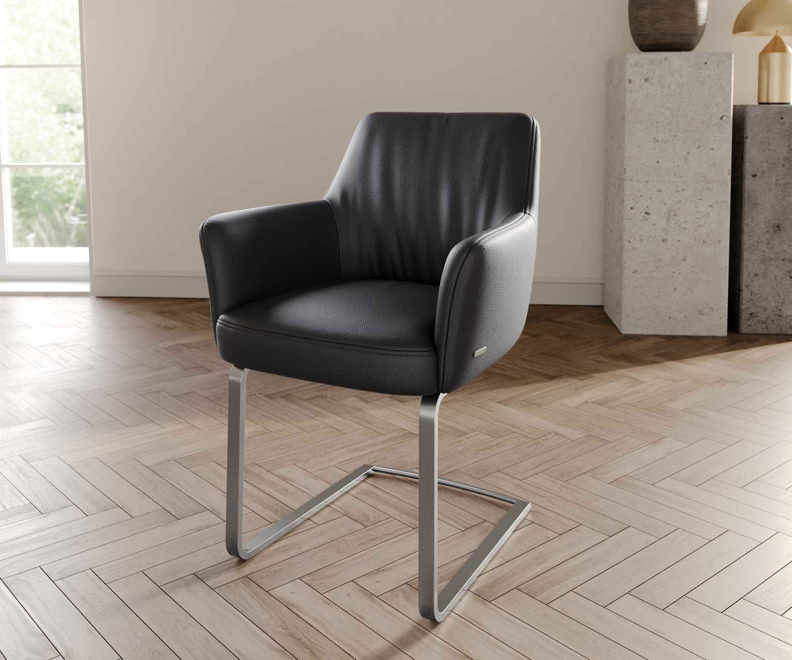 Люлеещ стол с подлакътници Естествена кожа Черен Конзолен крак плосък Неръждаема стомана Покет пружина Xana-Flex Люлеещ стол с подлакътници Естествена кожа Черен Конзолен крак плосък Неръждаема стомана Покет пружина Xana-Flex