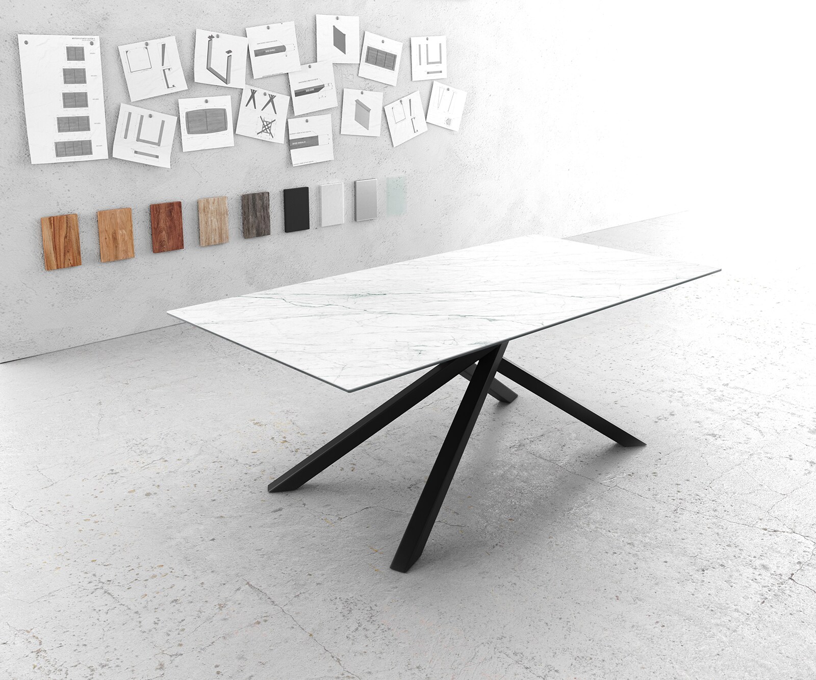 Маса 200x100cm Keramik Laminam®Statuarietto Бял среден крак Кръст Черен Edge