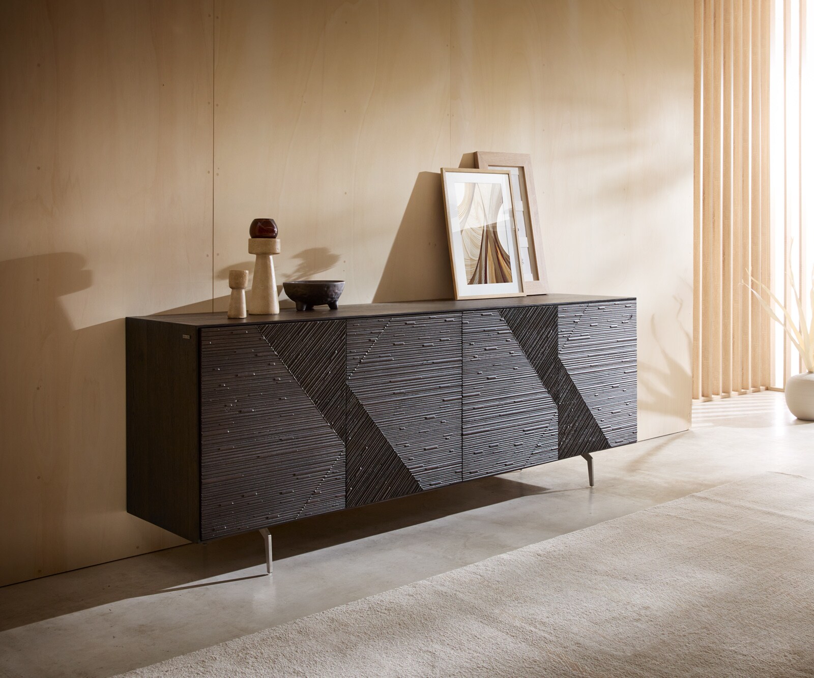 Шкаф Tereos 200 cm тъмнокафяв ясен 3D ефект 4 врати ъглова основа матирана неръждаема стомана