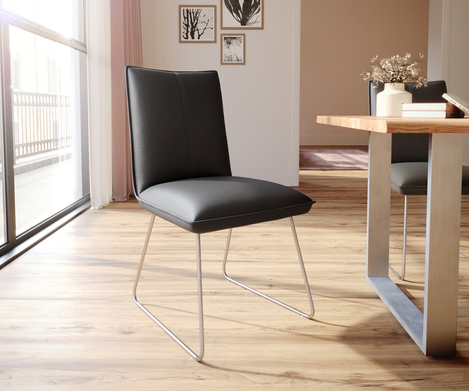 Трапезен стол Естествена кожа Черен Извити крака Неръждаема стомана  Покет пружина Lelio-Flex 1