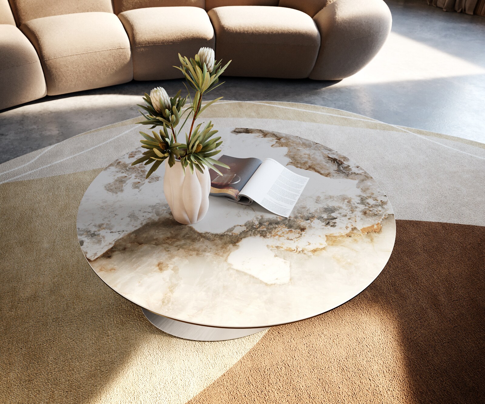 Масичка за кафе Edge, кръгла, 90x90 cm, керамика Minas Melange Conis, матирана неръждаема стомана 2