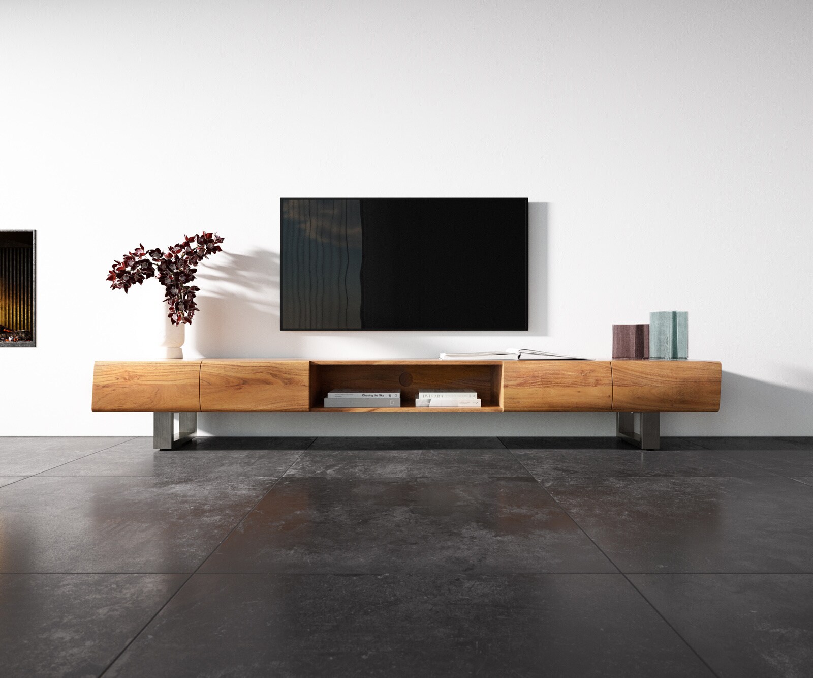 Нисък шкаф New Live-Edge 240 см естествена акация 4 вратички 1 рафт водач матирана неръждаема стомана 3