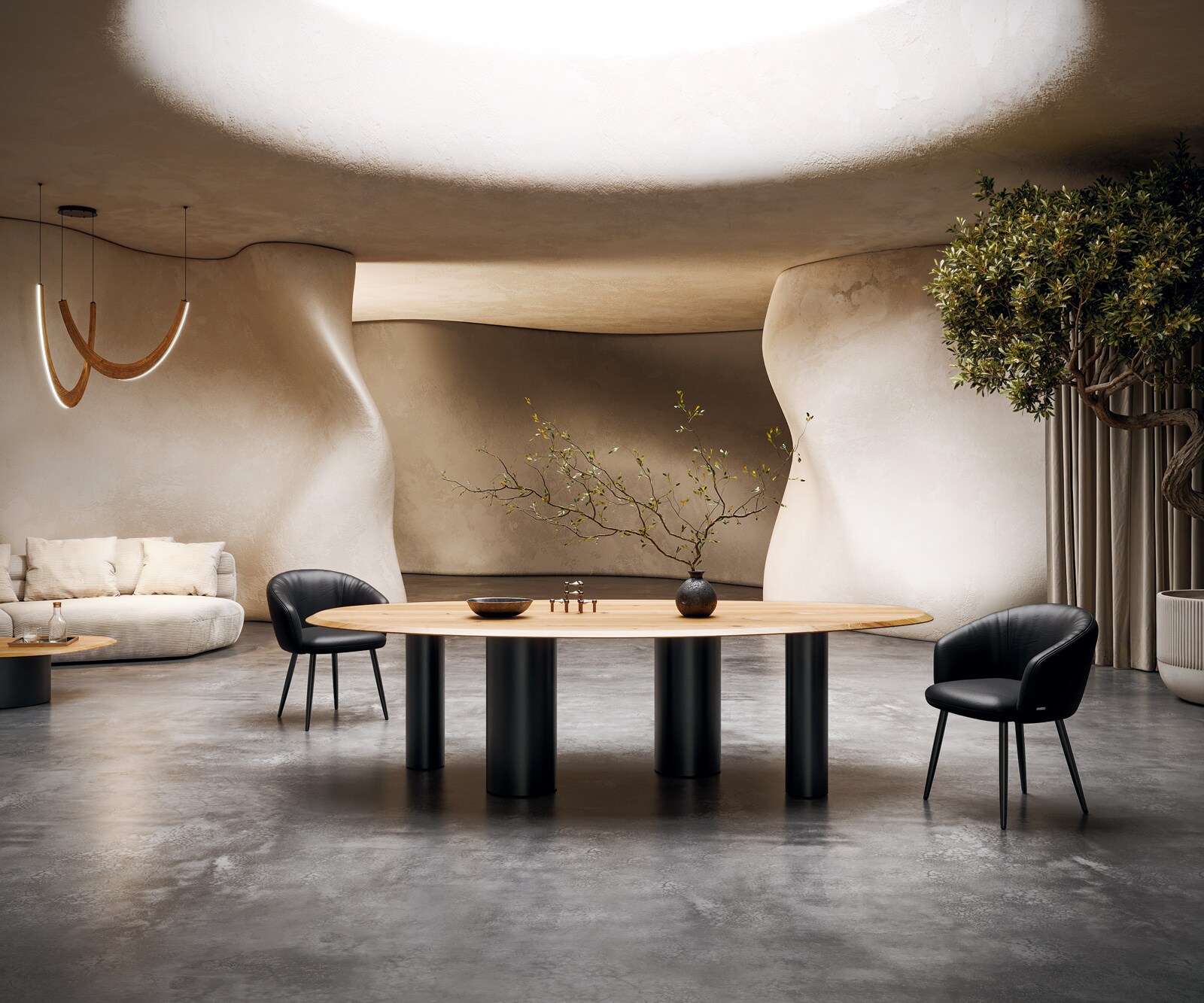 Edge Овална маса за хранене 280x130x2,5 Естествен дъб Pilier метал черен Flow-Edge 3