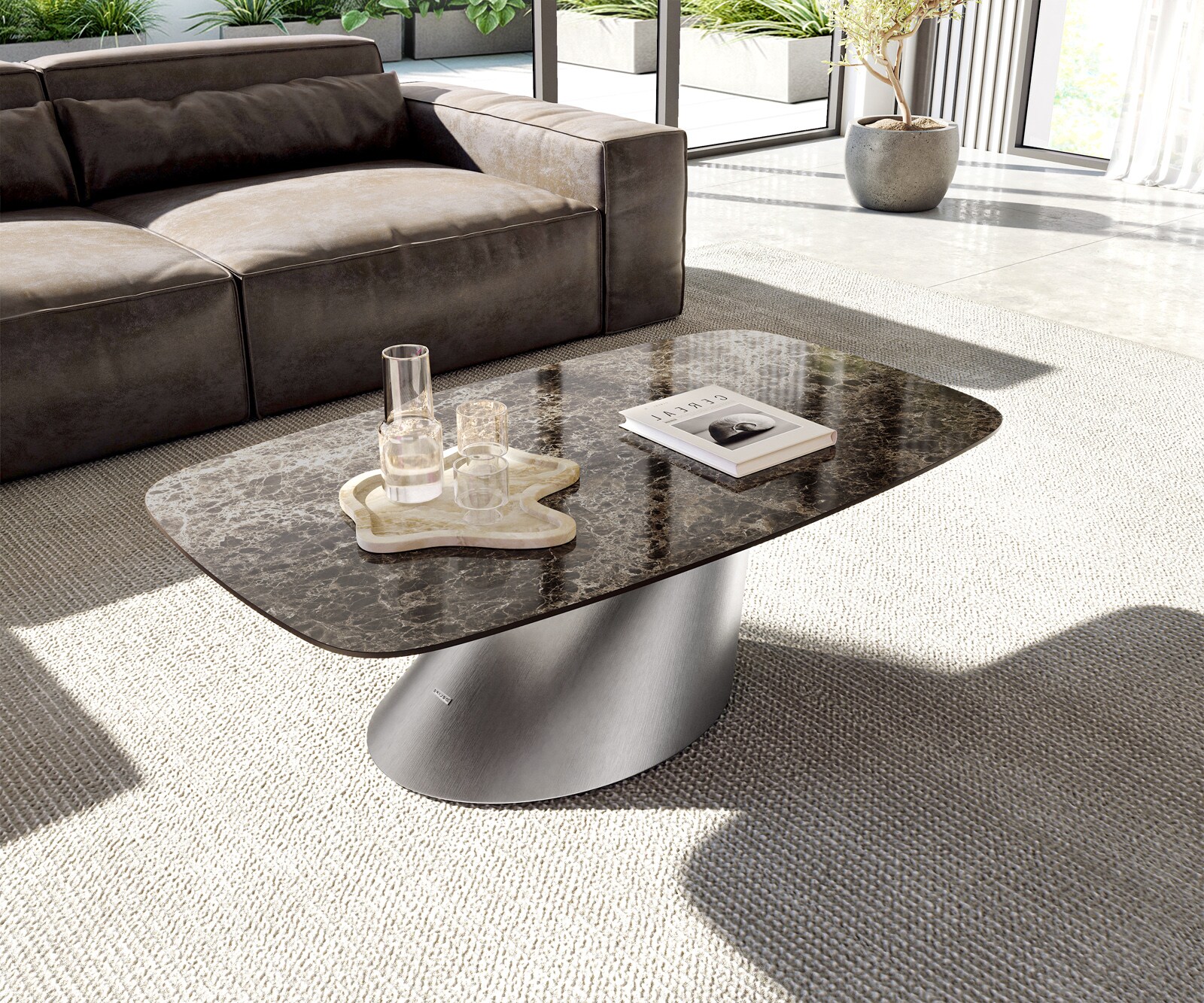Масичка за кафе Edge Boot 120x70 cm керамика Laminam® Emperador Extra Lucidato Тъмно кафяво Conis матирана неръждаема стомана