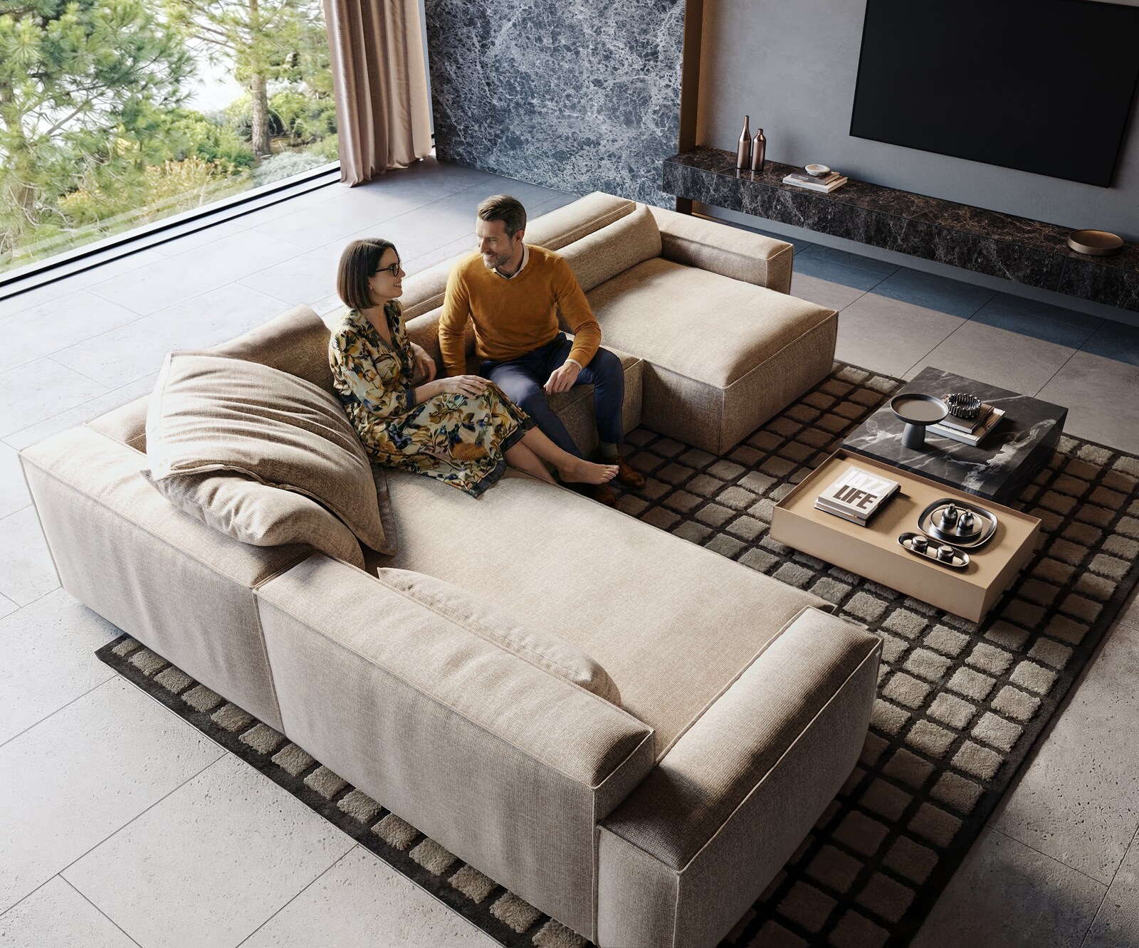 Дневен кът Freestyle 360x290 cm тъкан меко бежово с тръбен шев 1