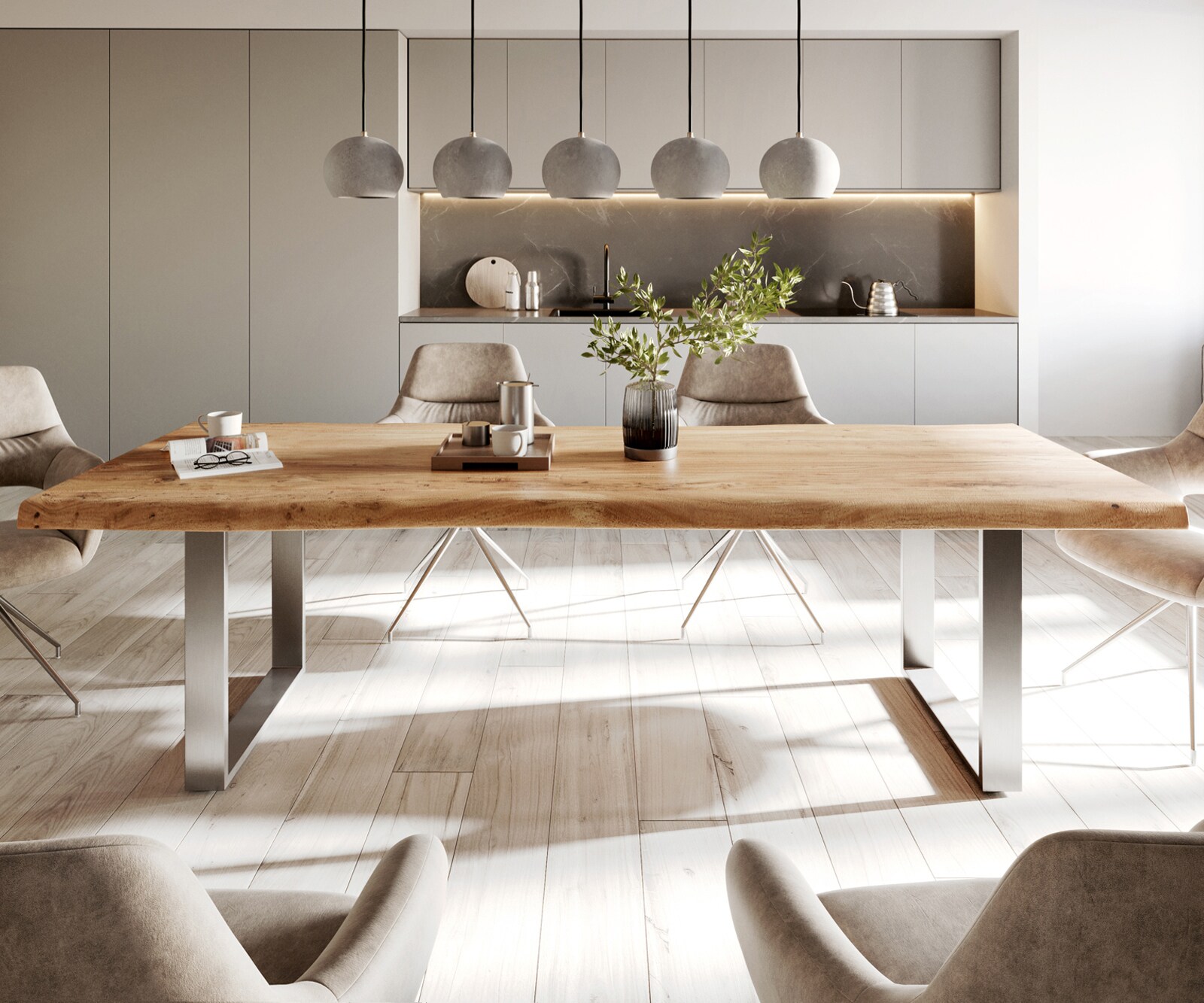 Маса 280x100cm XL Акация Натурал Неръждаема стомана Тесен профил Edge 1