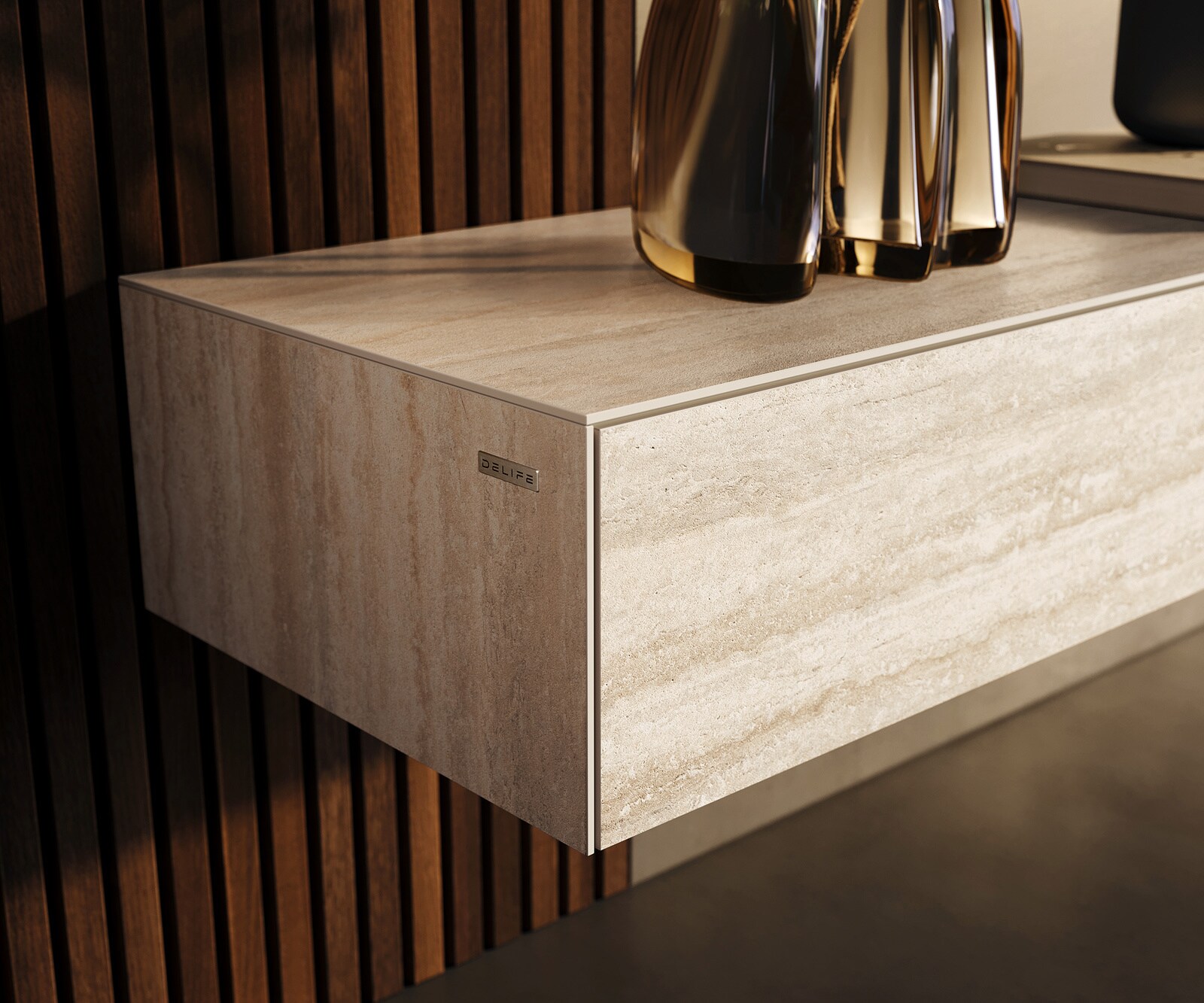 Ниска дъска Cuor 200 cm Керамичен ламинат® Travertino Bianco Крем-бяло 1 клапа 1 чекмедже Плаващо 2